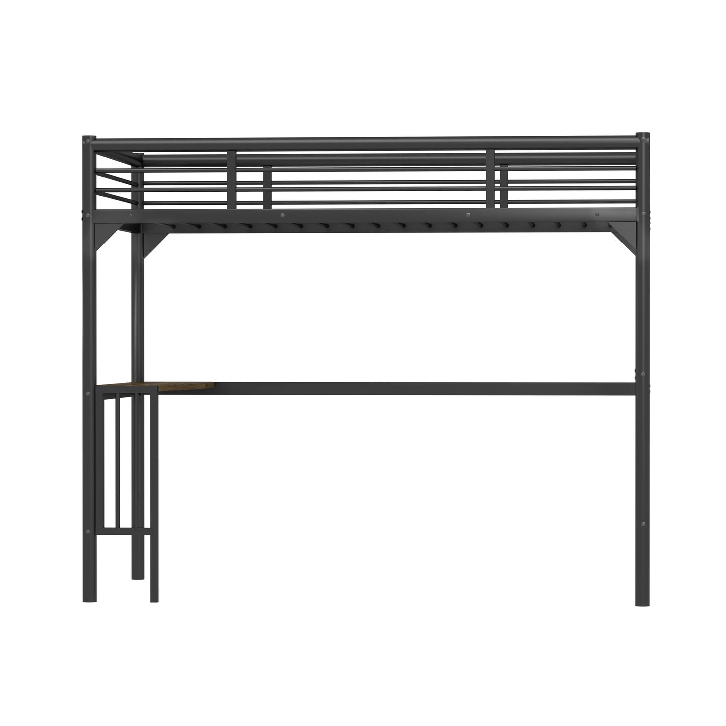 Black metal loft bed with desk and integrated mattress support
