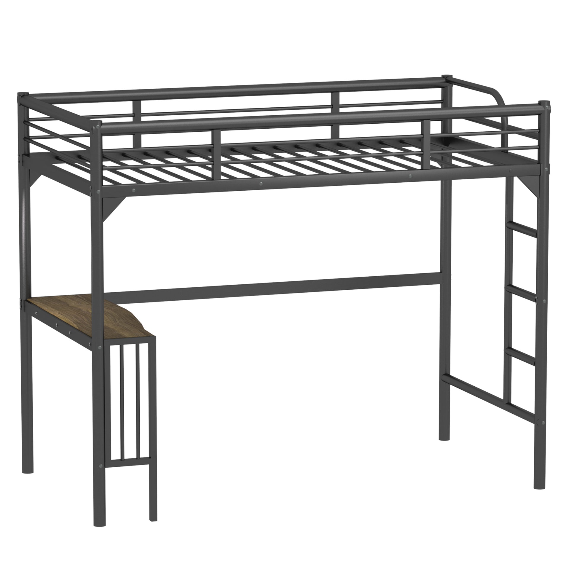 Gray metal loft bed with integrated desk and ladder