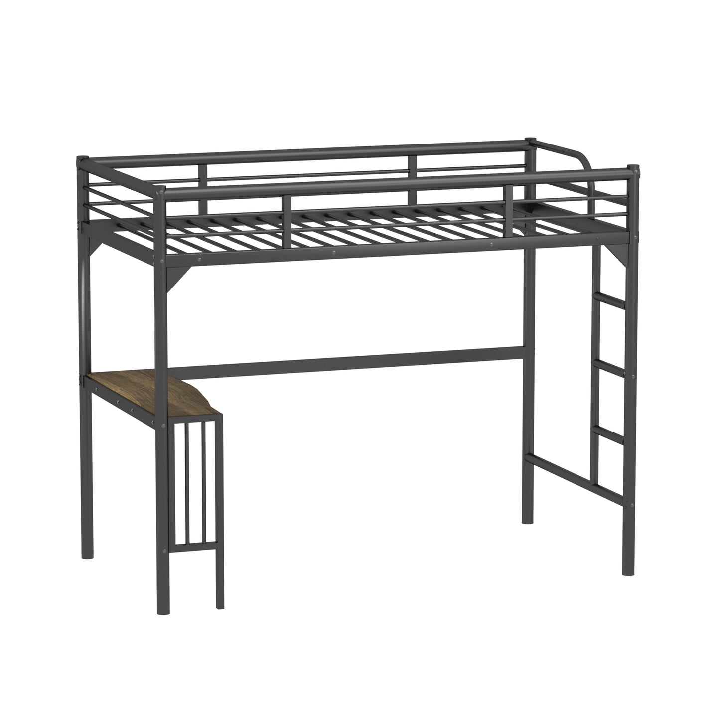 Gray metal loft bed with desk