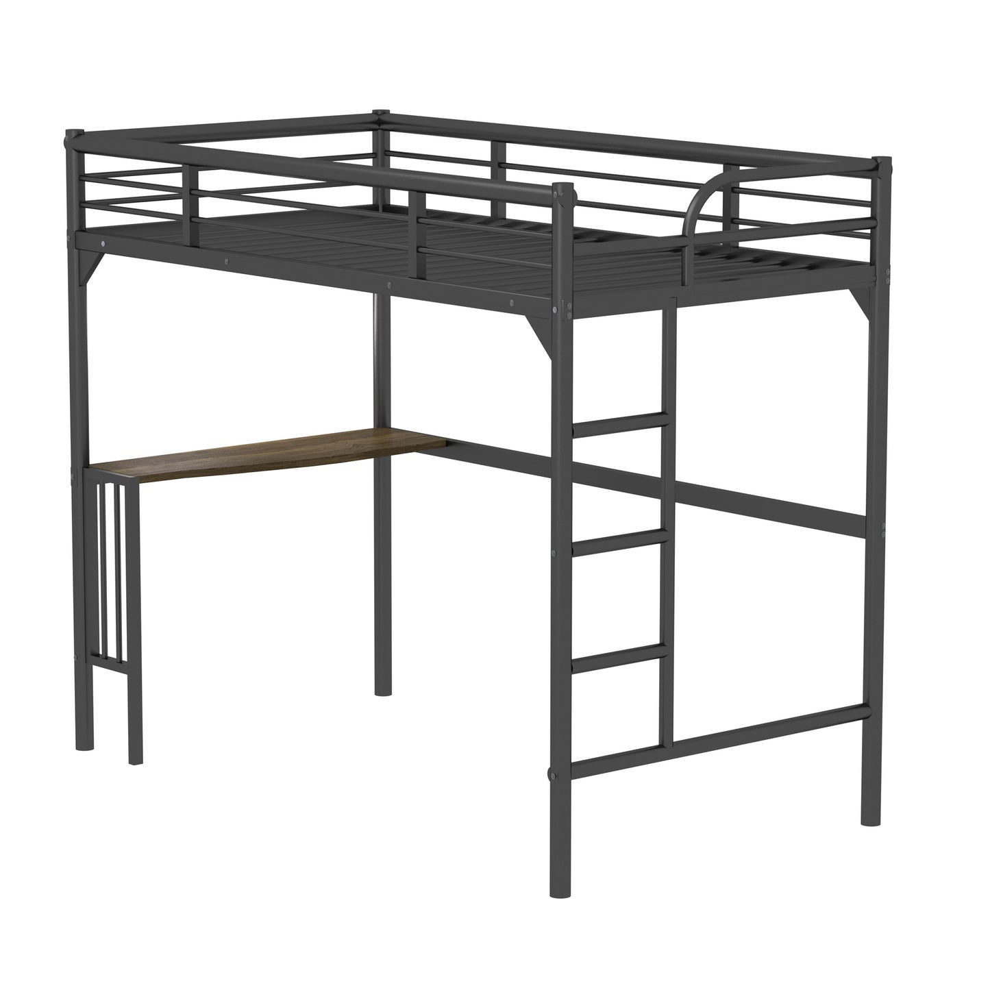 Dark grey metal loft bed with integrated desk and ladder