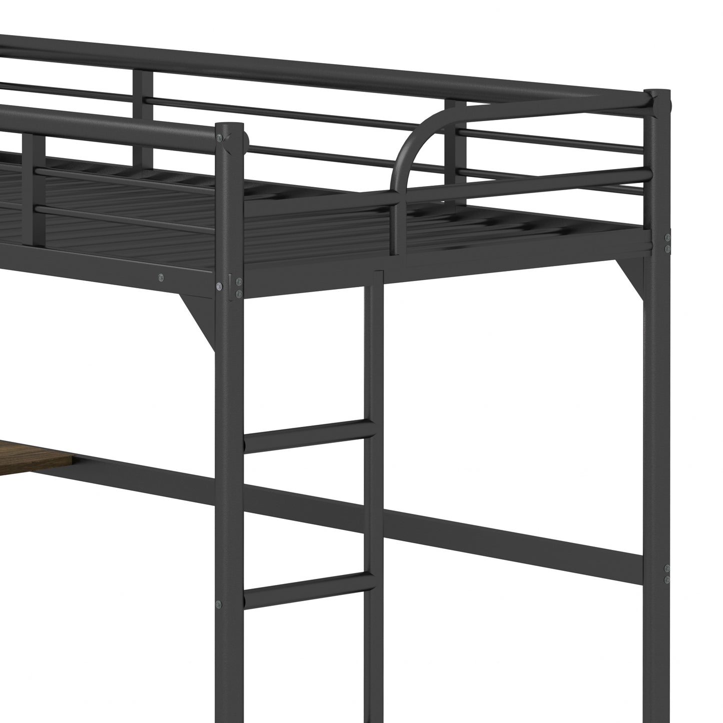Gray metal twin loft bed frame with integrated ladder and safety rails