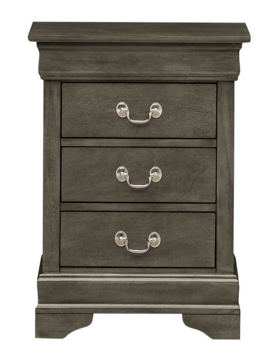 Dark gray wooden nightstand with three drawers and silver pull handles for bedroom storage