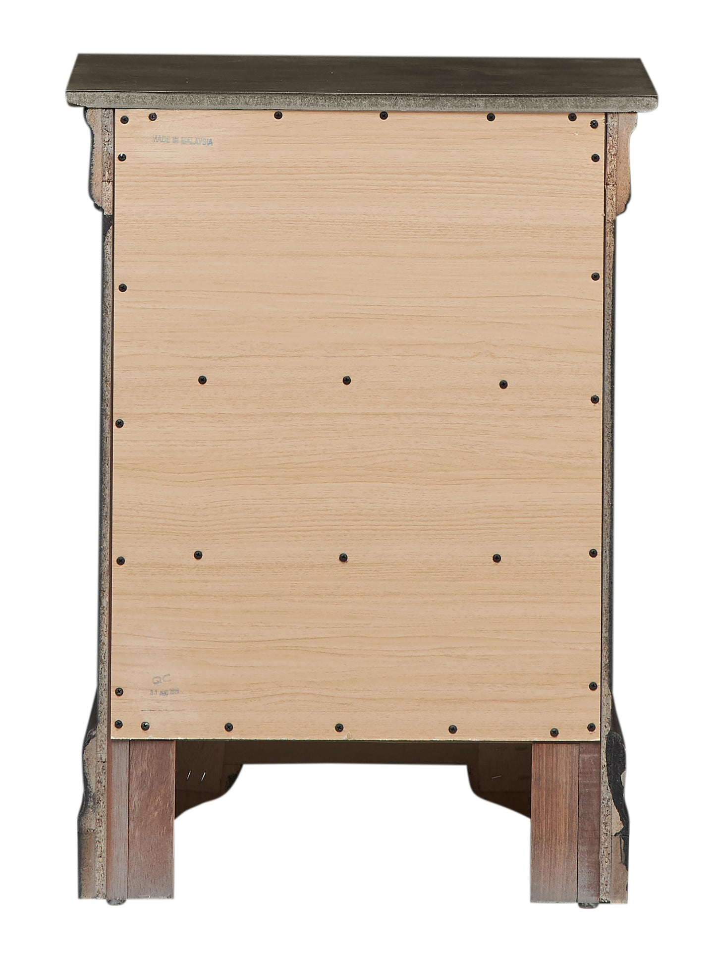 Rear view of a distressed brown wood nightstand with light wood paneling and visible screws