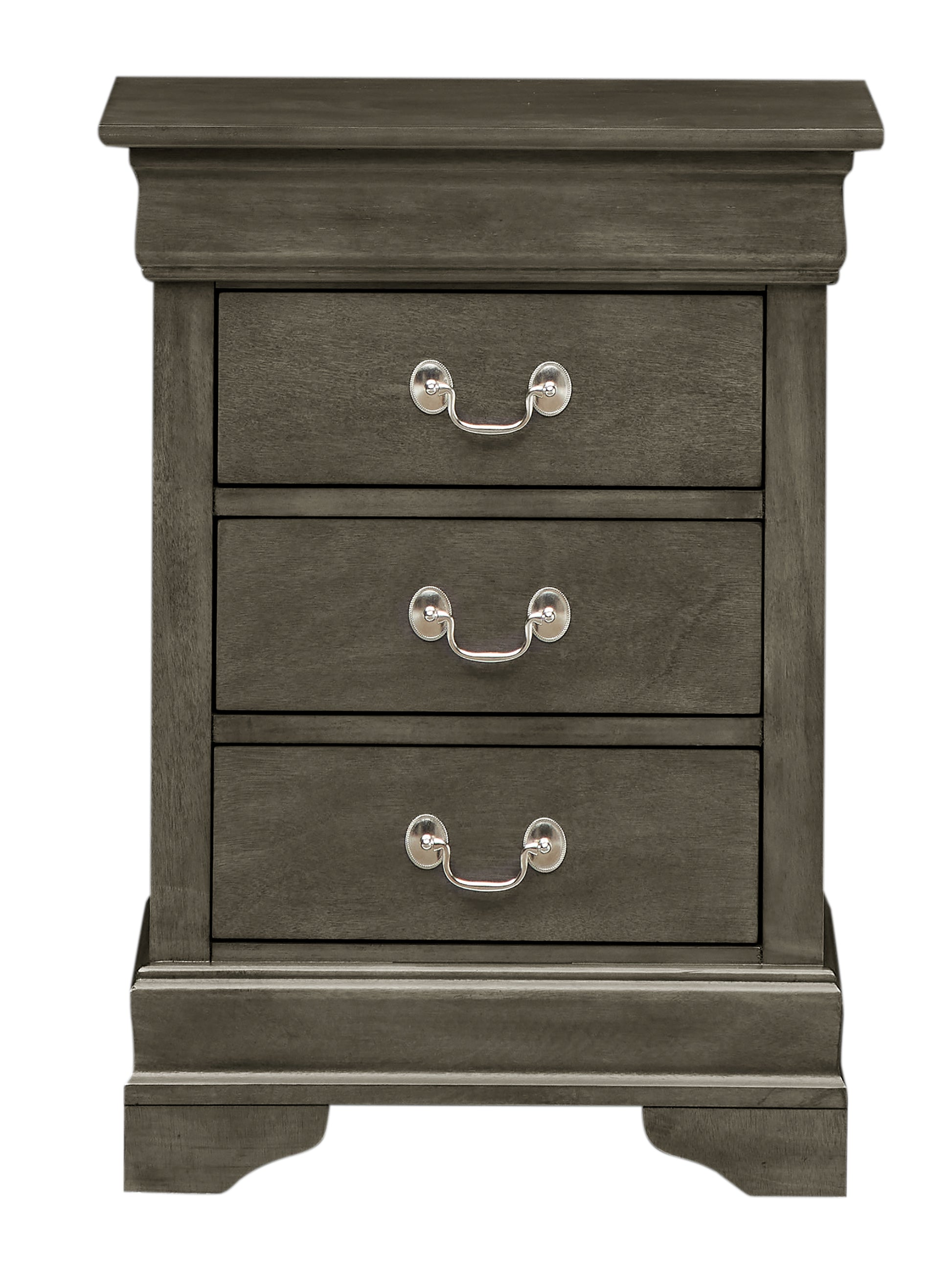 Dark gray wood bedside table with three drawers and silver pulls