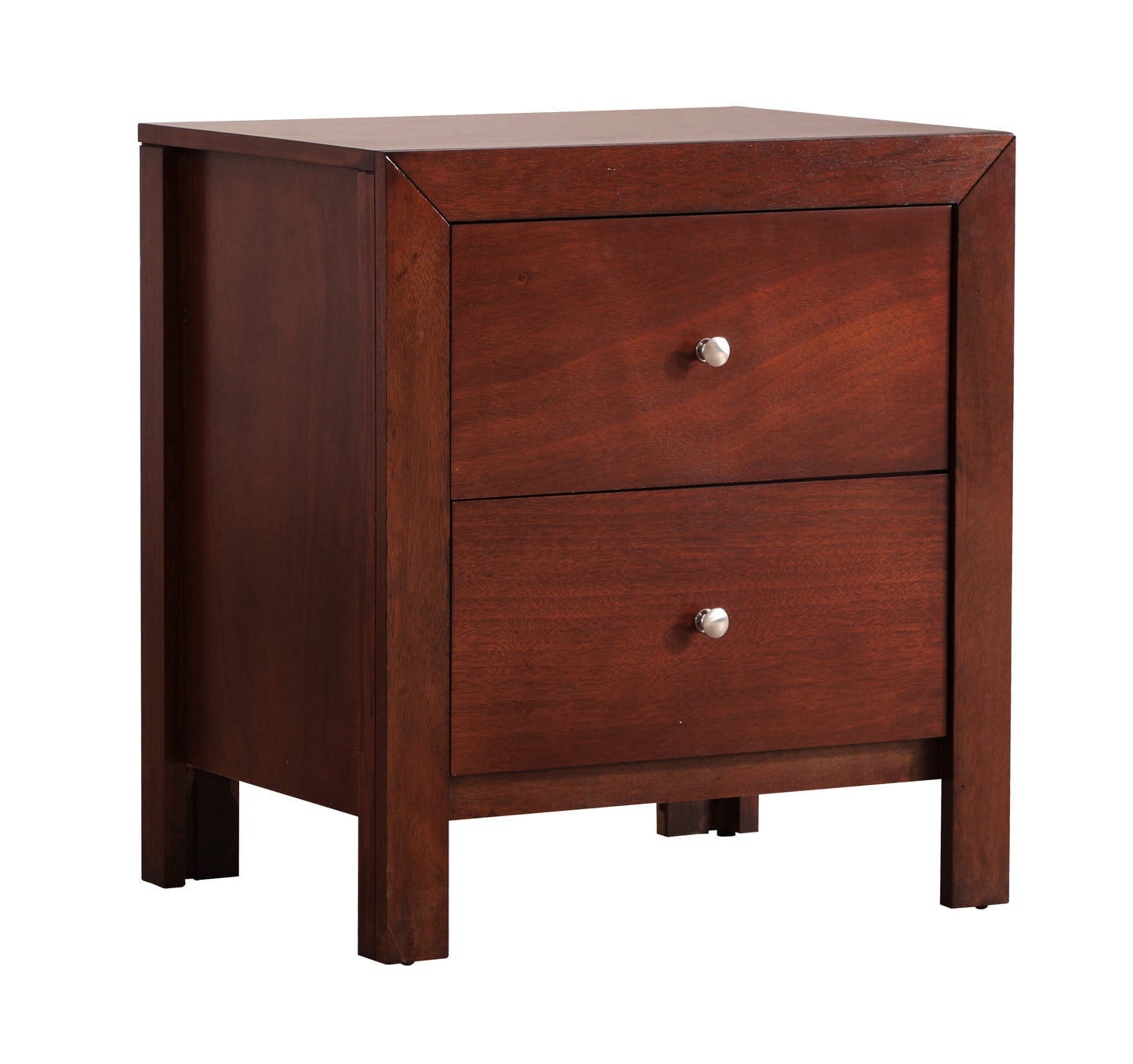Dark cherry wood nightstand with two drawers and silver knobs