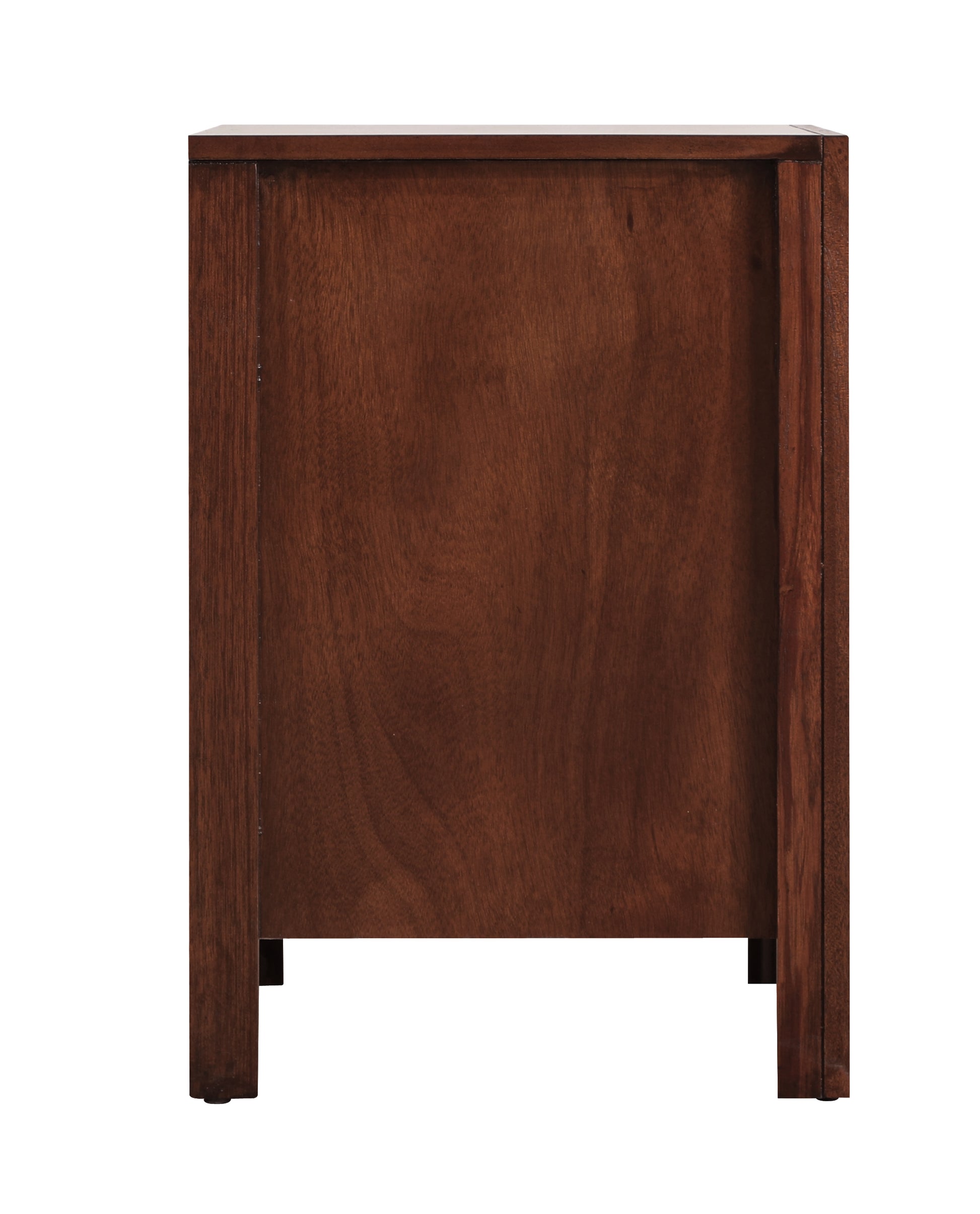 Dark brown wooden cabinet back with visible grain texture and sturdy legs