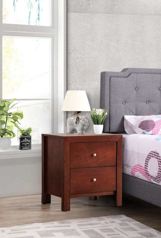 Rich mahogany wood nightstand with two drawers and silver knobs perfect bedside storage
