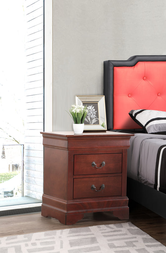 Traditional dark cherry wood nightstand with two drawers and ornate metal pulls