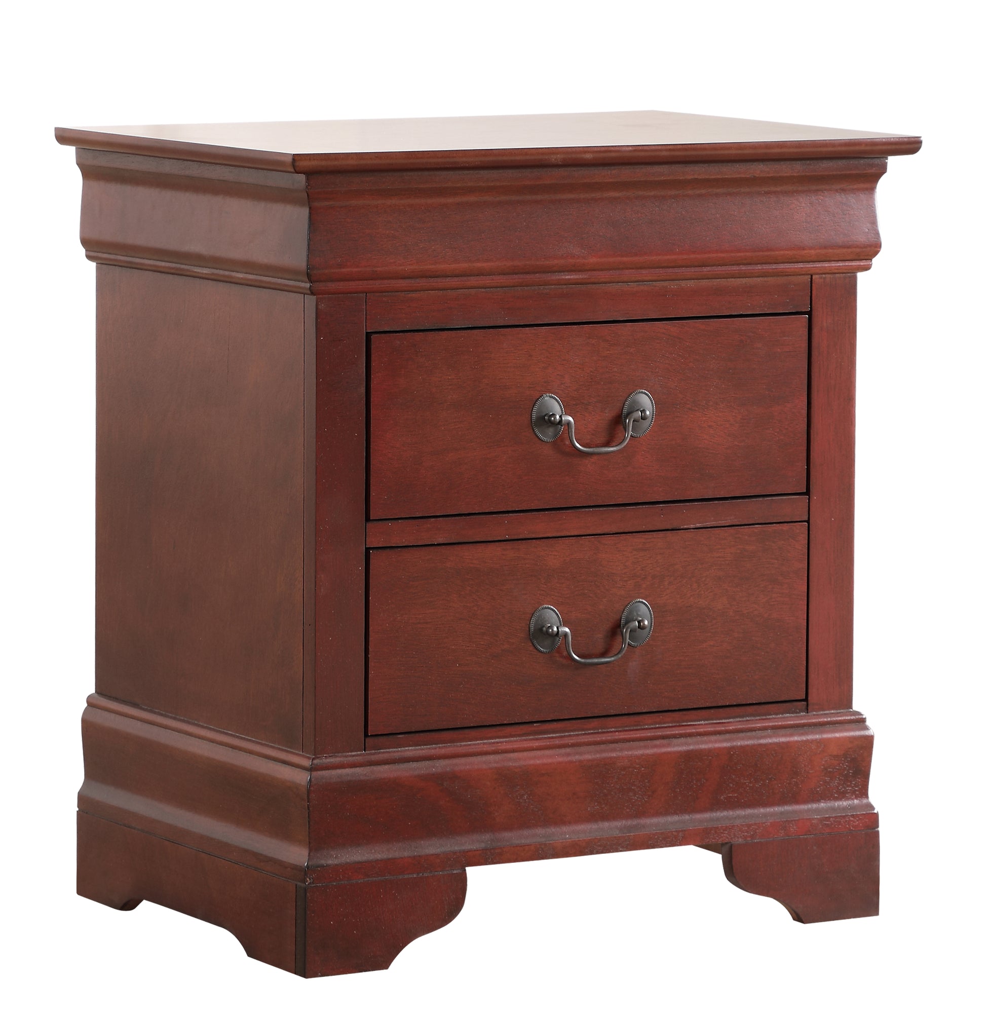 Dark cherry wood nightstand with two drawers and ornate hardware