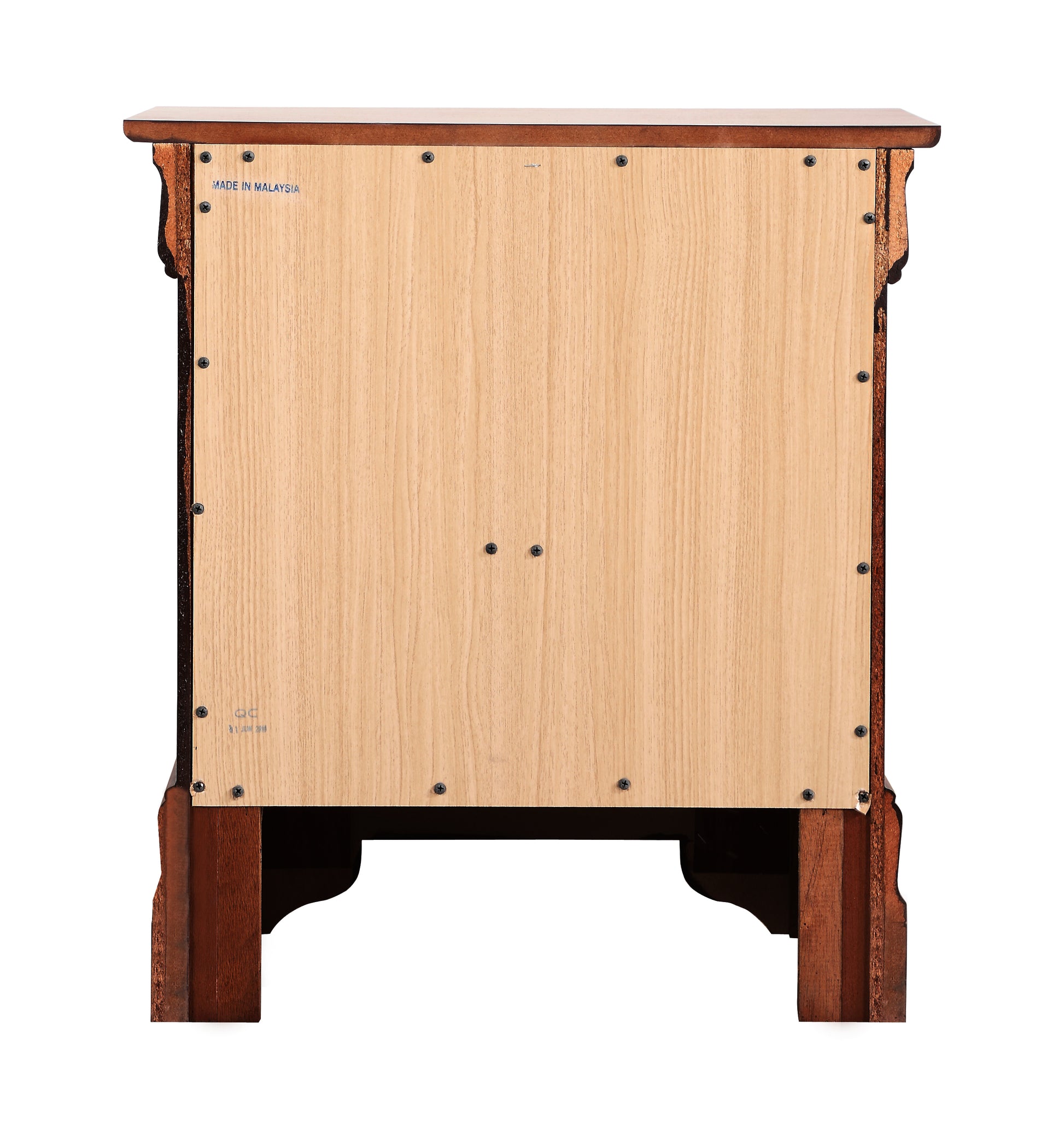 Back view of a dark wood nightstand with natural wood paneling and visible screws