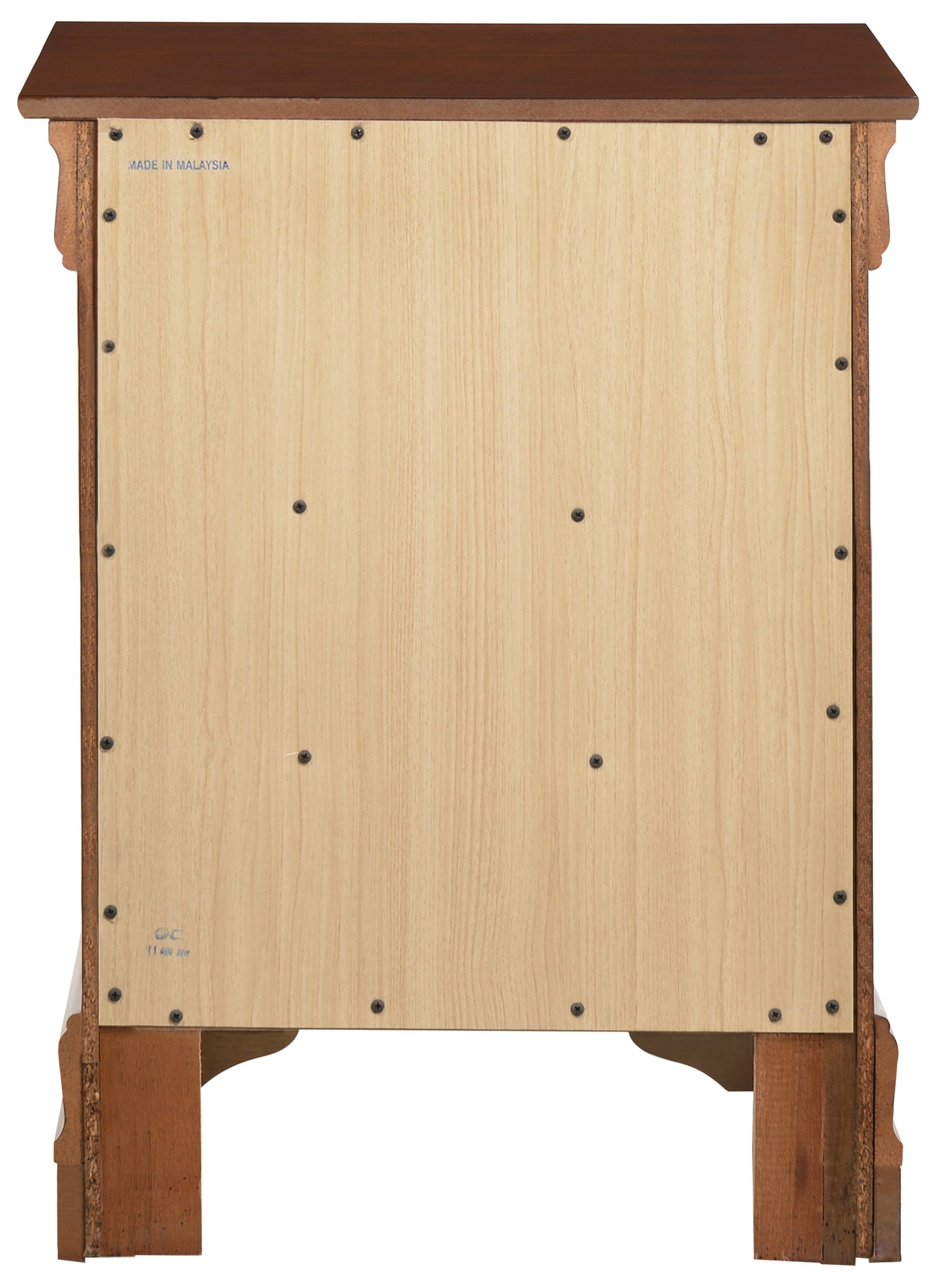 Back panel of a dark brown wood dresser showing light wood grain manufactured in Malaysia