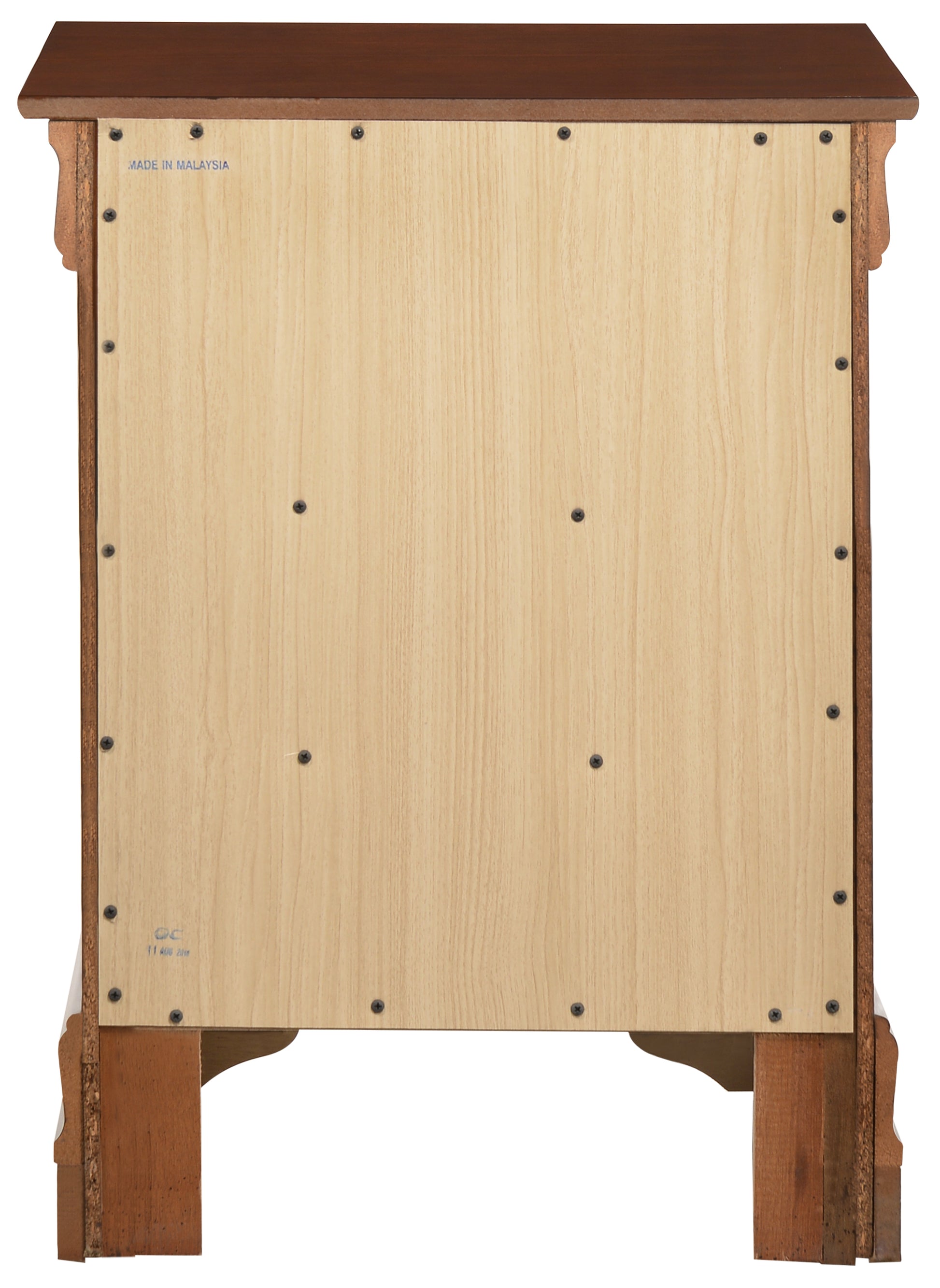Back panel of a dark brown wood dresser showing light wood grain manufactured in Malaysia