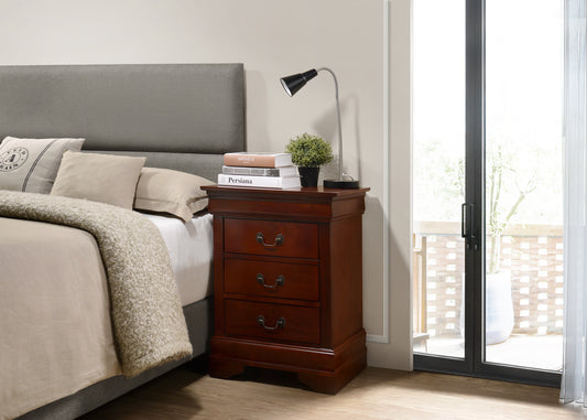 Dark cherry wood nightstand with three drawers and decorative pulls