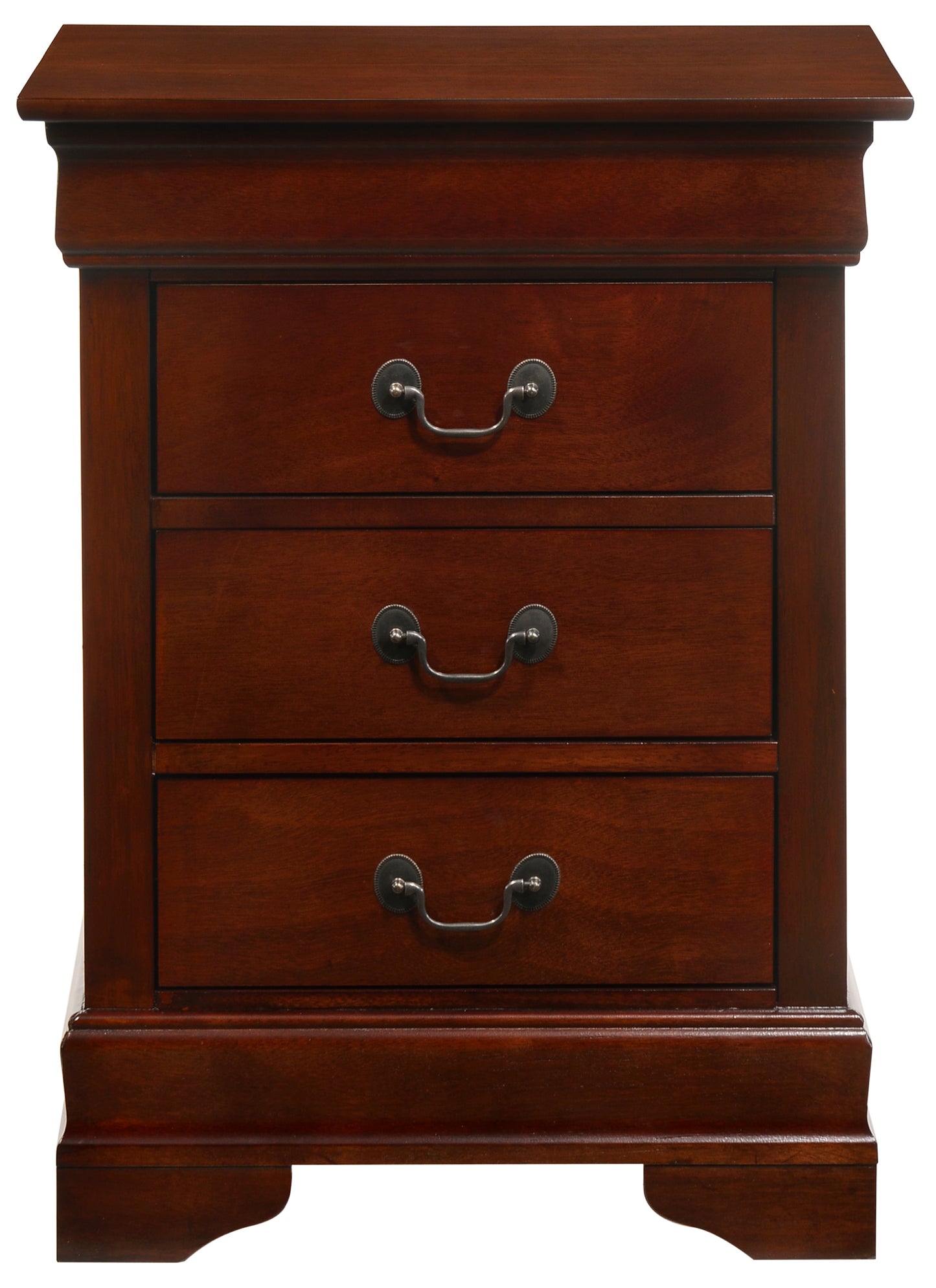 Dark cherry wood nightstand with three drawers and antique brass pulls