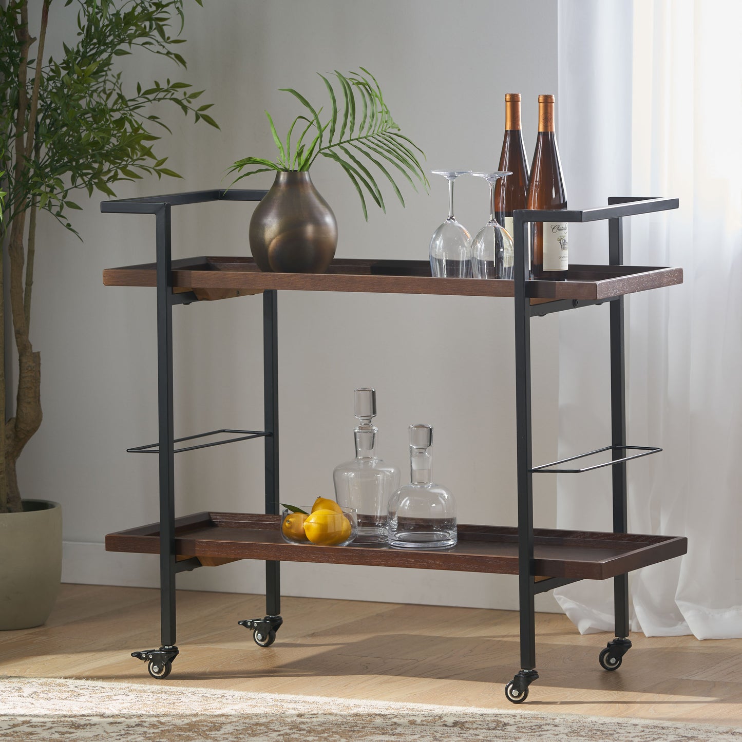 Modern twotier wood and metal bar cart with wheels