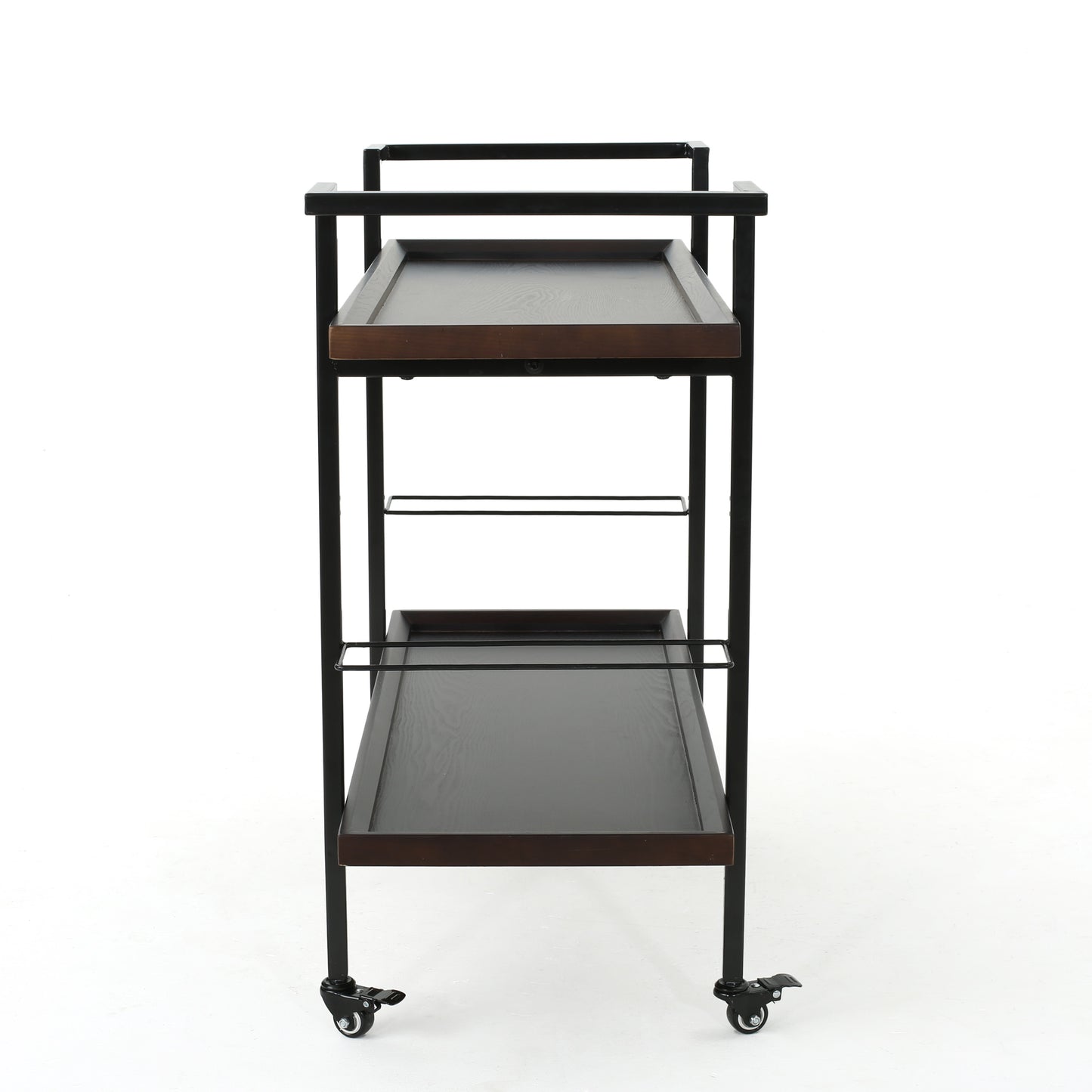 Twotier dark wood bar cart with black metal frame and wheels