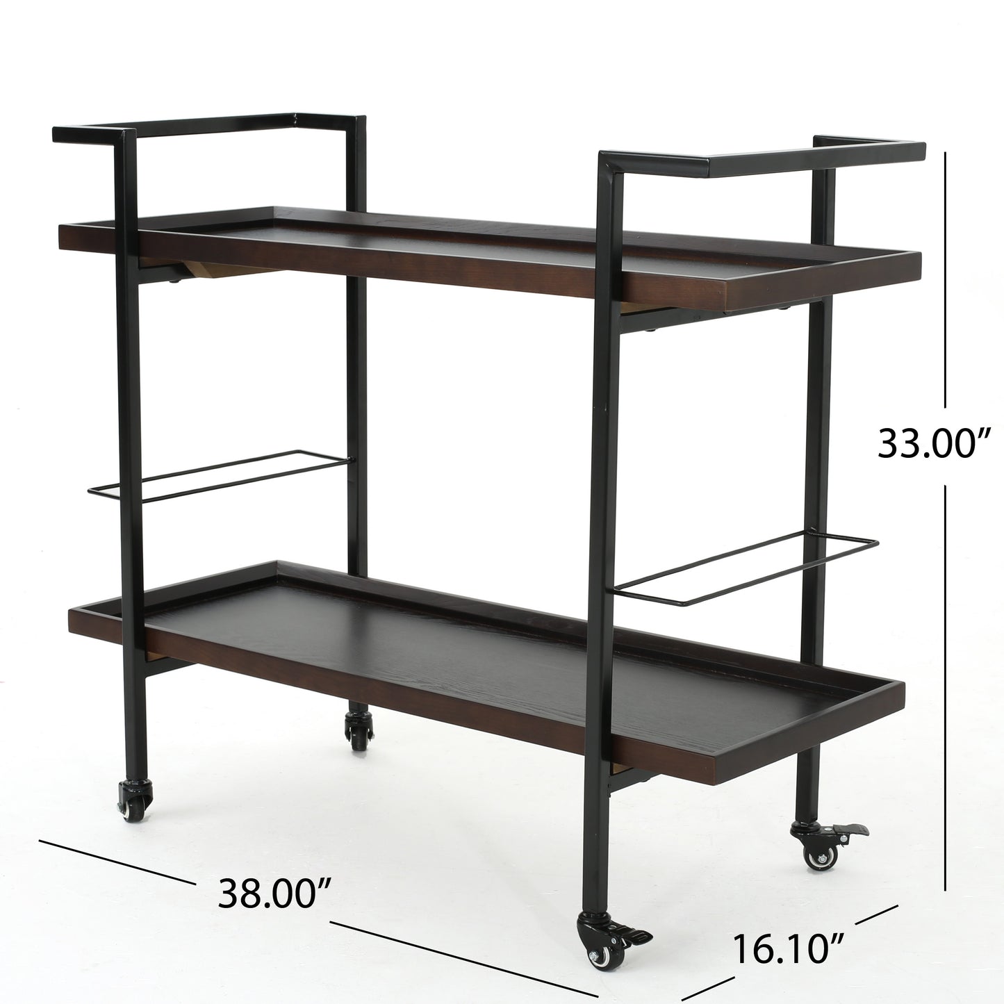 Dark wood and black metal bar cart with two shelves and caster wheels