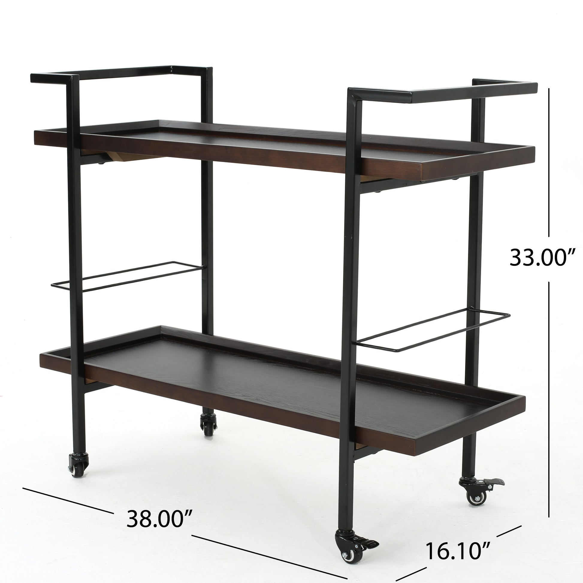 Dark wood and black metal bar cart with two shelves and caster wheels