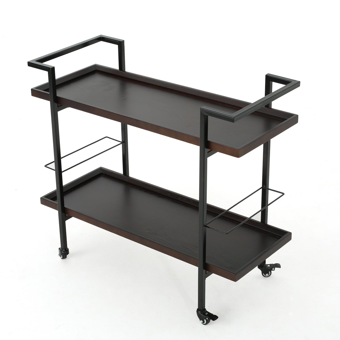 Modern dark wood and black metal twotier bar cart with wheels