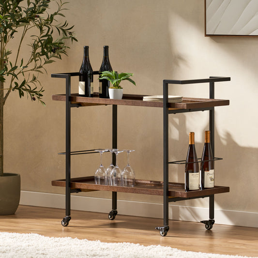Stylish walnut bar cart with black metal frame holding wine bottles and glasses