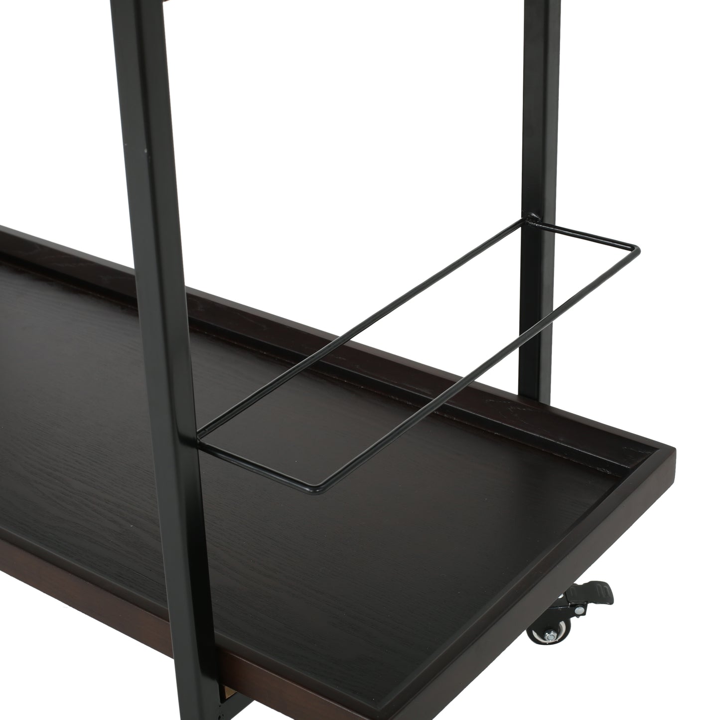 Dark wood serving cart with black metal frame and wheels