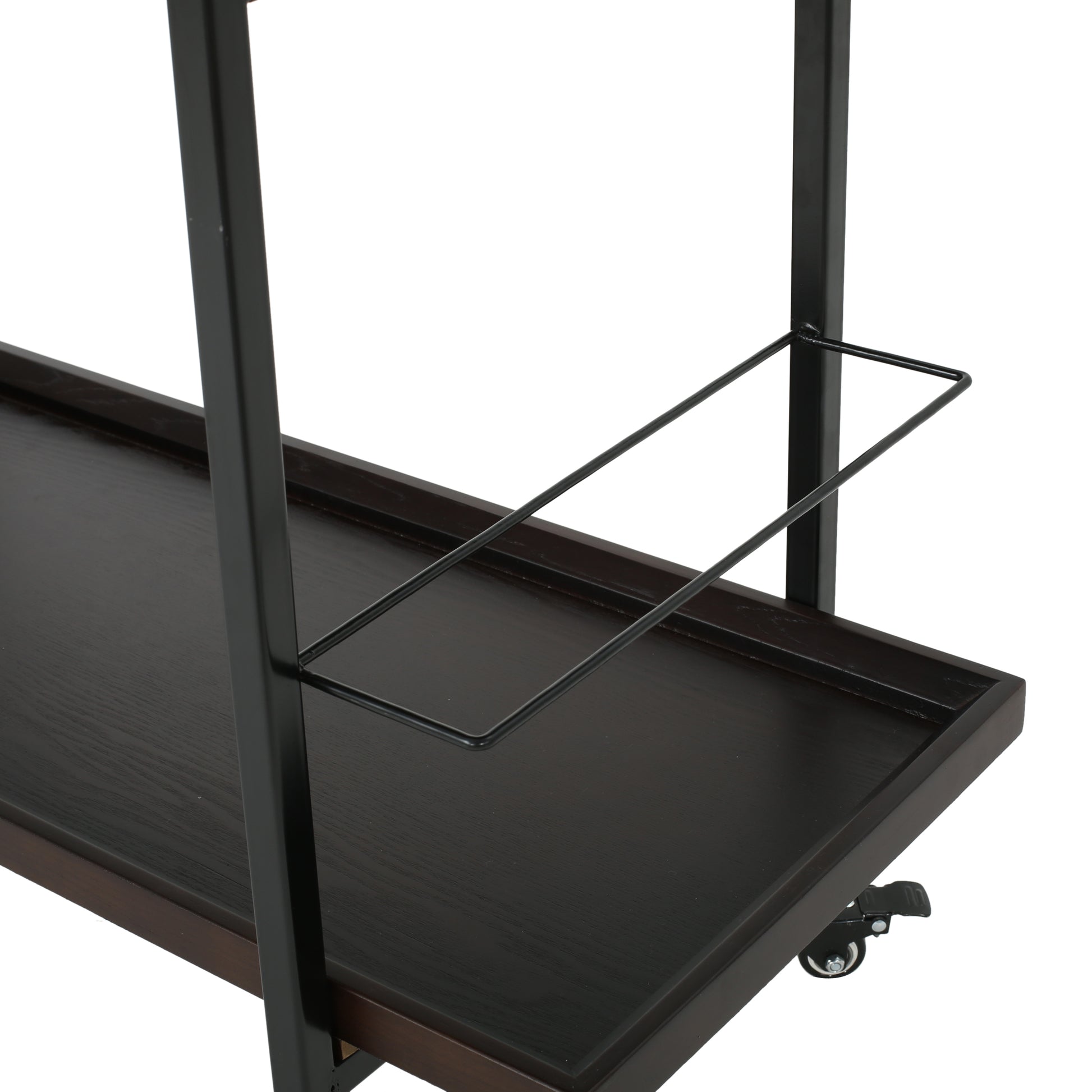Dark wood serving cart with black metal frame and wheels