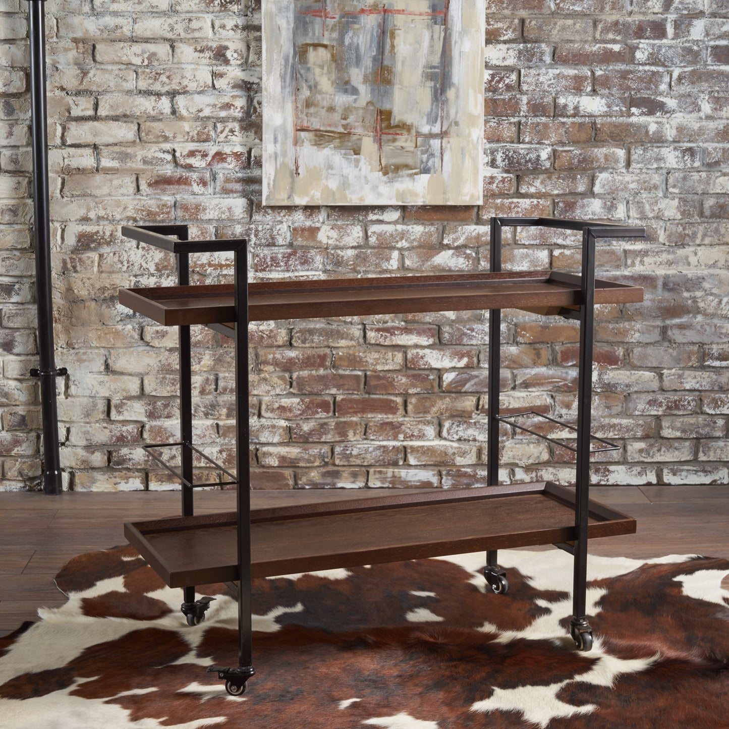 Rustic twotier dark wood bar cart with black metal frame and wheels