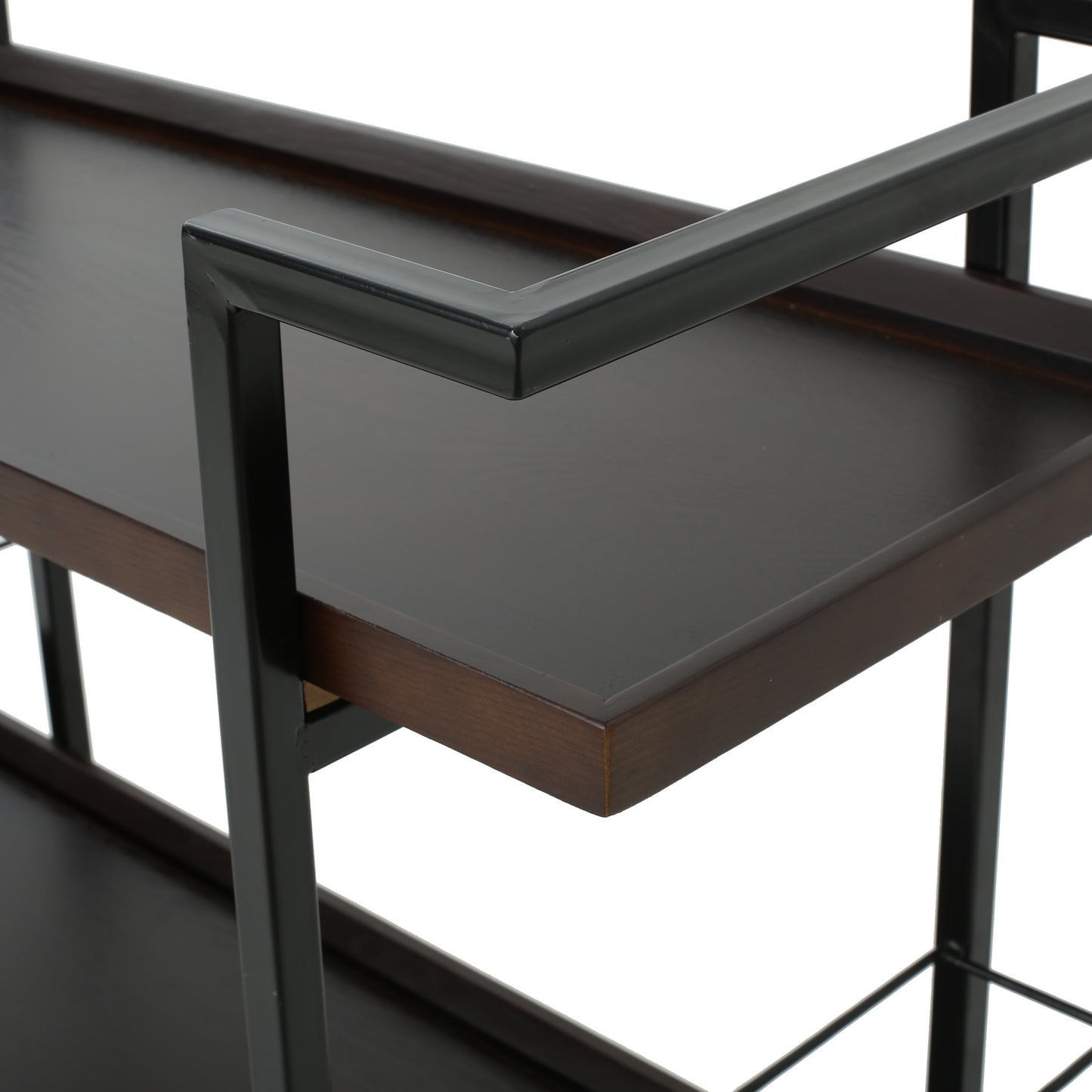 Dark wood and black metal bar cart with two tiers