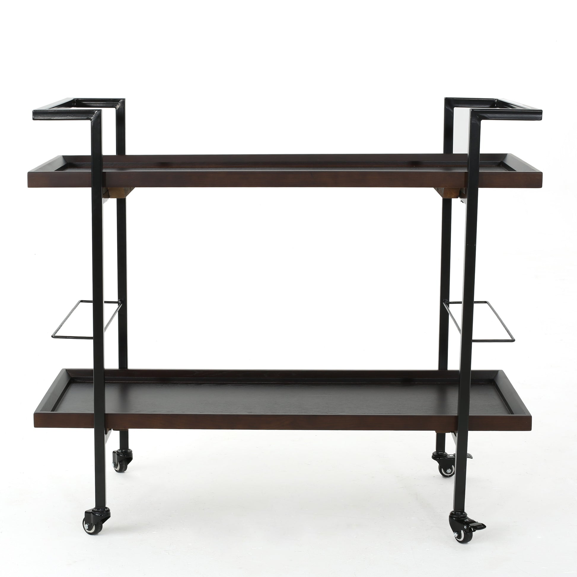 Dark wood and black metal bar cart with two shelves and caster wheels