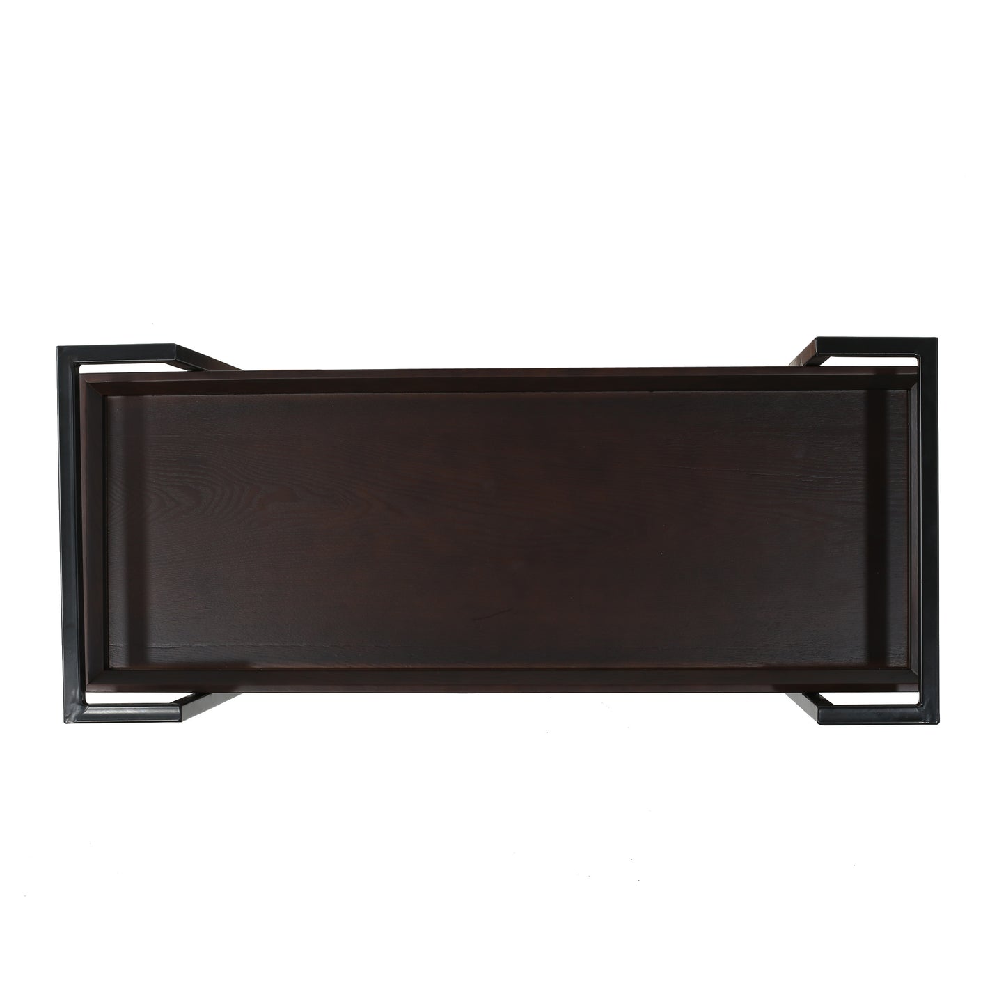 Dark wood serving tray with a black metal frame