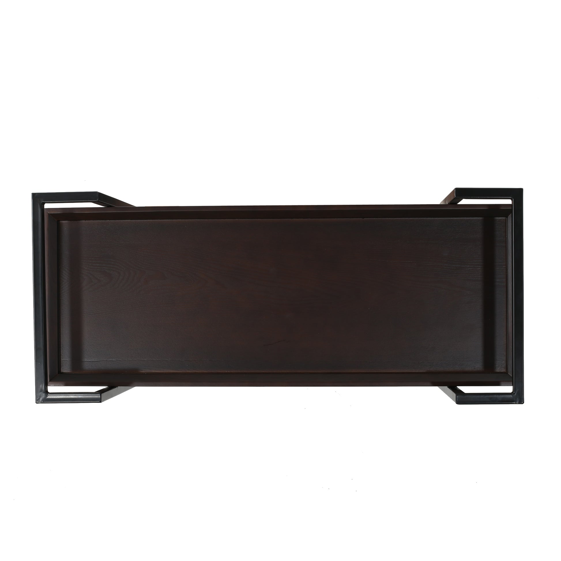 Dark wood serving tray with a black metal frame