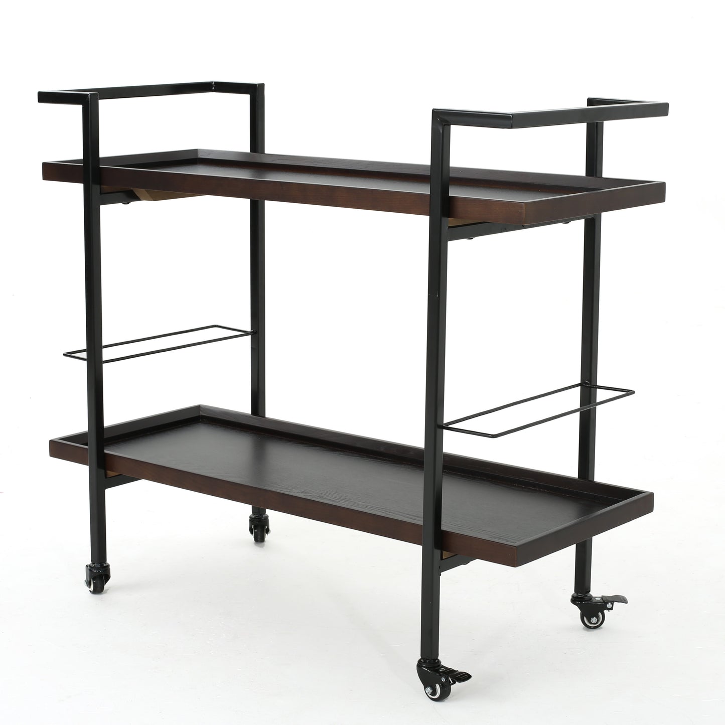 Modern twotier dark wood bar cart with black metal frame and wheels
