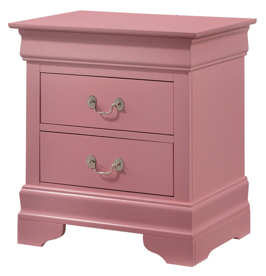 Charming pink bedside table with two drawers and silver pull handles perfect for a nursery or childs room