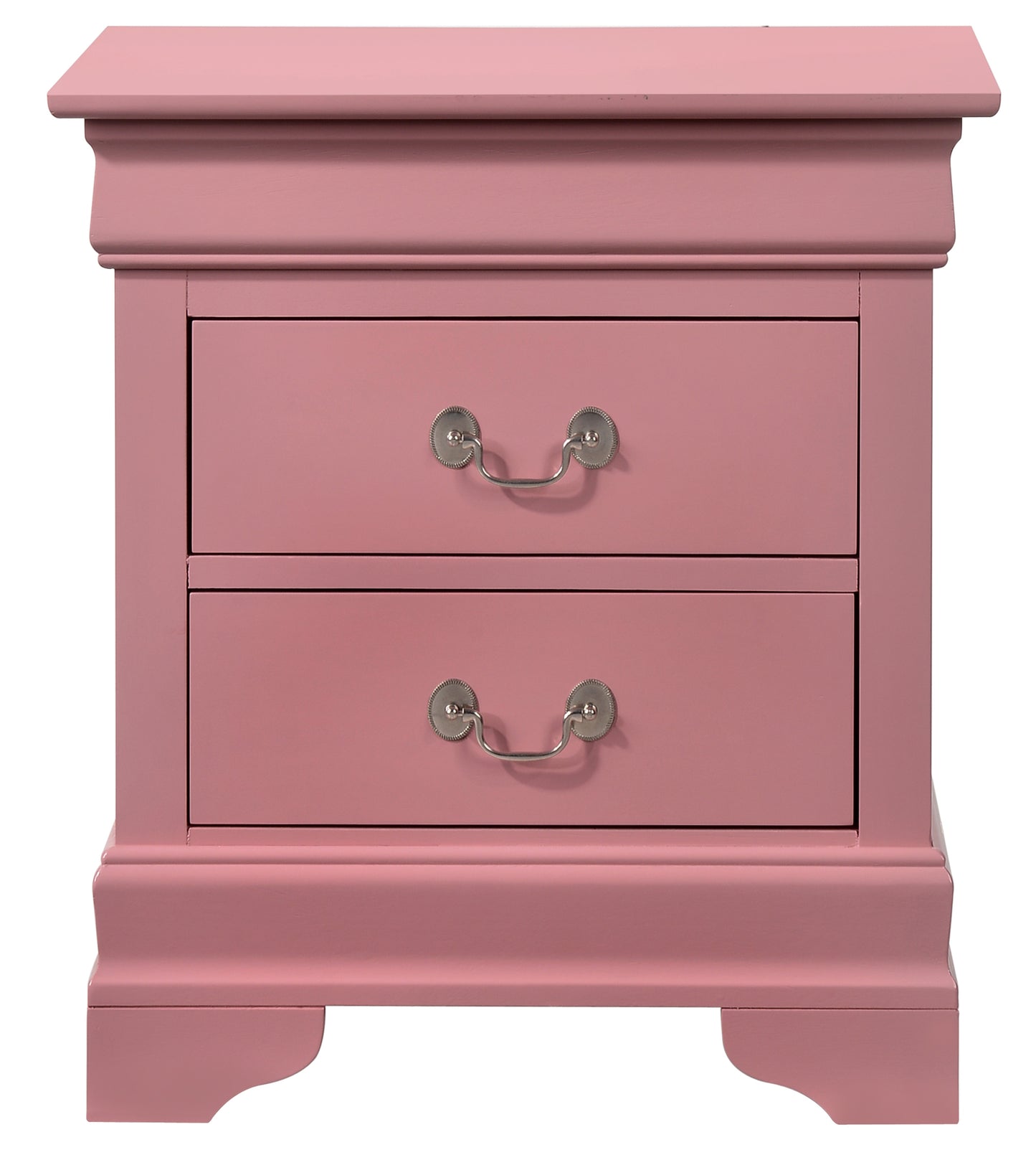 Dusty rose twodrawer nightstand with silver pull handles and decorative trim