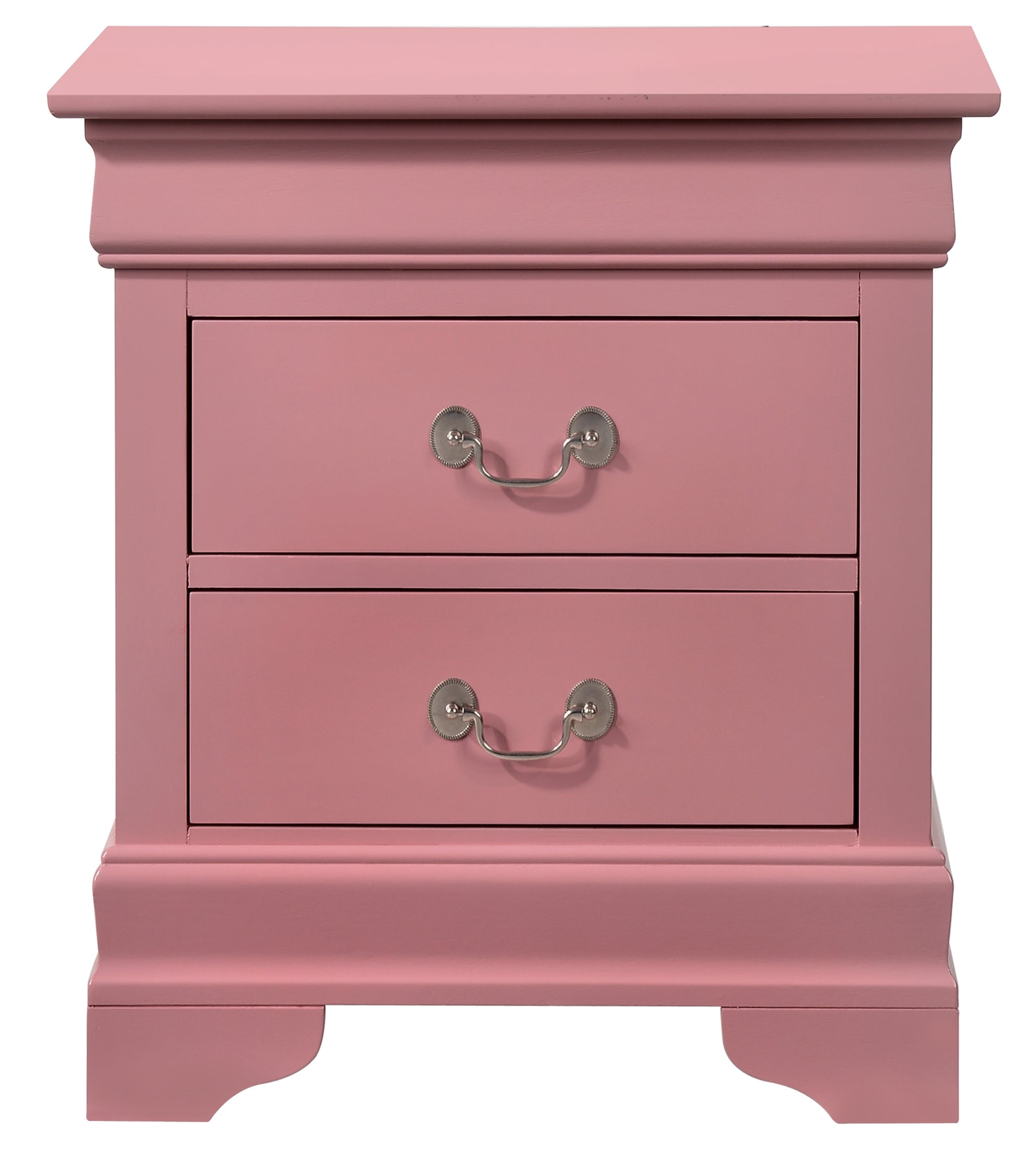 Dusty rose twodrawer nightstand with ornate silver hardware