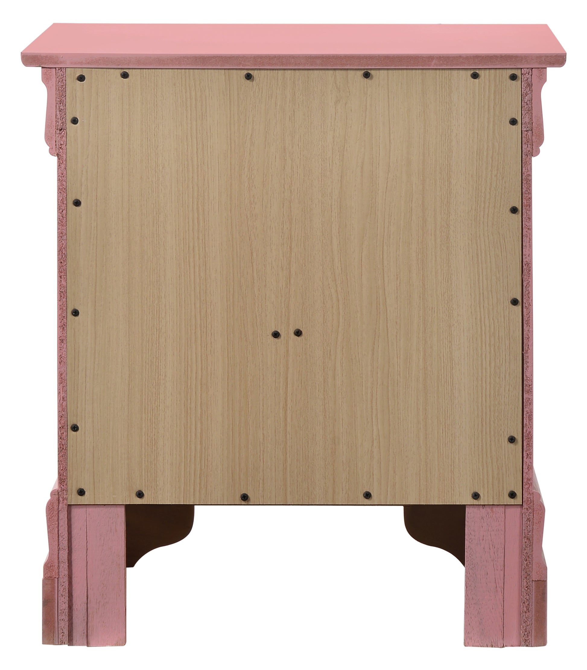 Back view of a pink bedside table with a light wood panel secured by screws