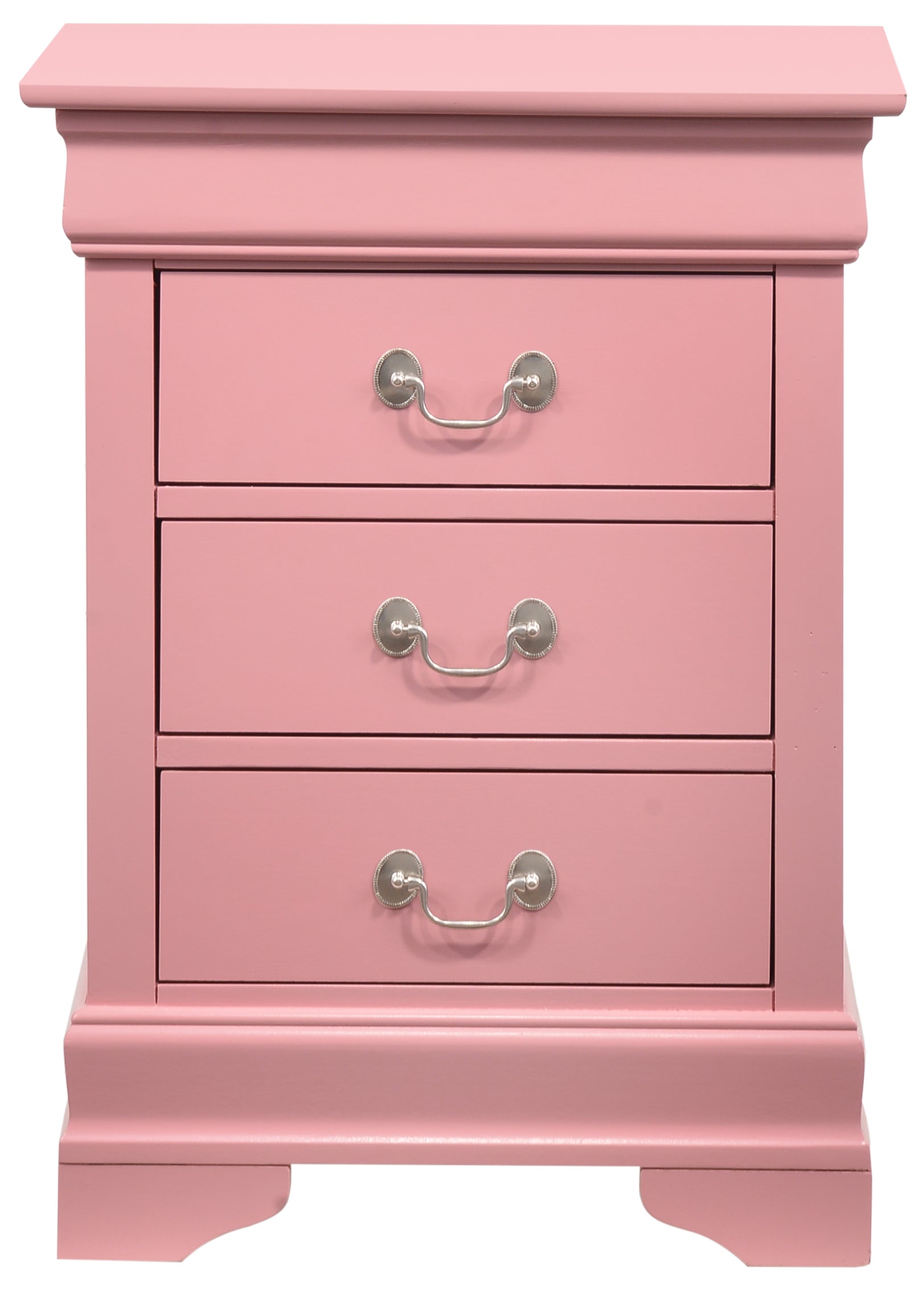 Threedrawer pink nightstand with ornate silver pulls and a decorative base