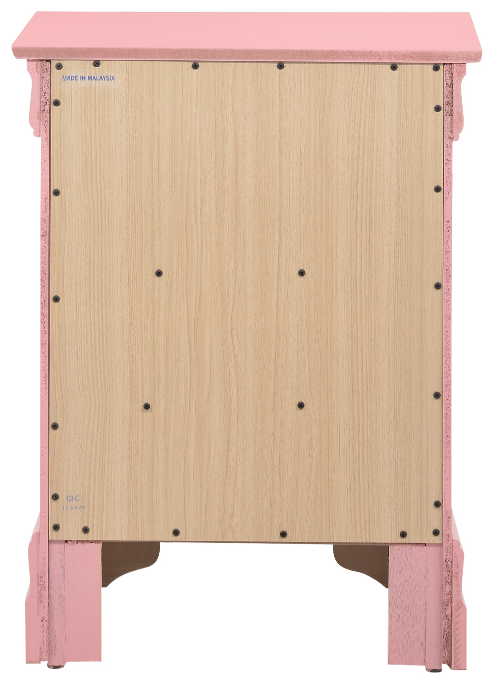 Pink distressed wood nightstand back view with Made in Malaysia label