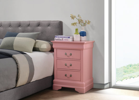 Dusty rose bedside table with three drawers and ornate hardware