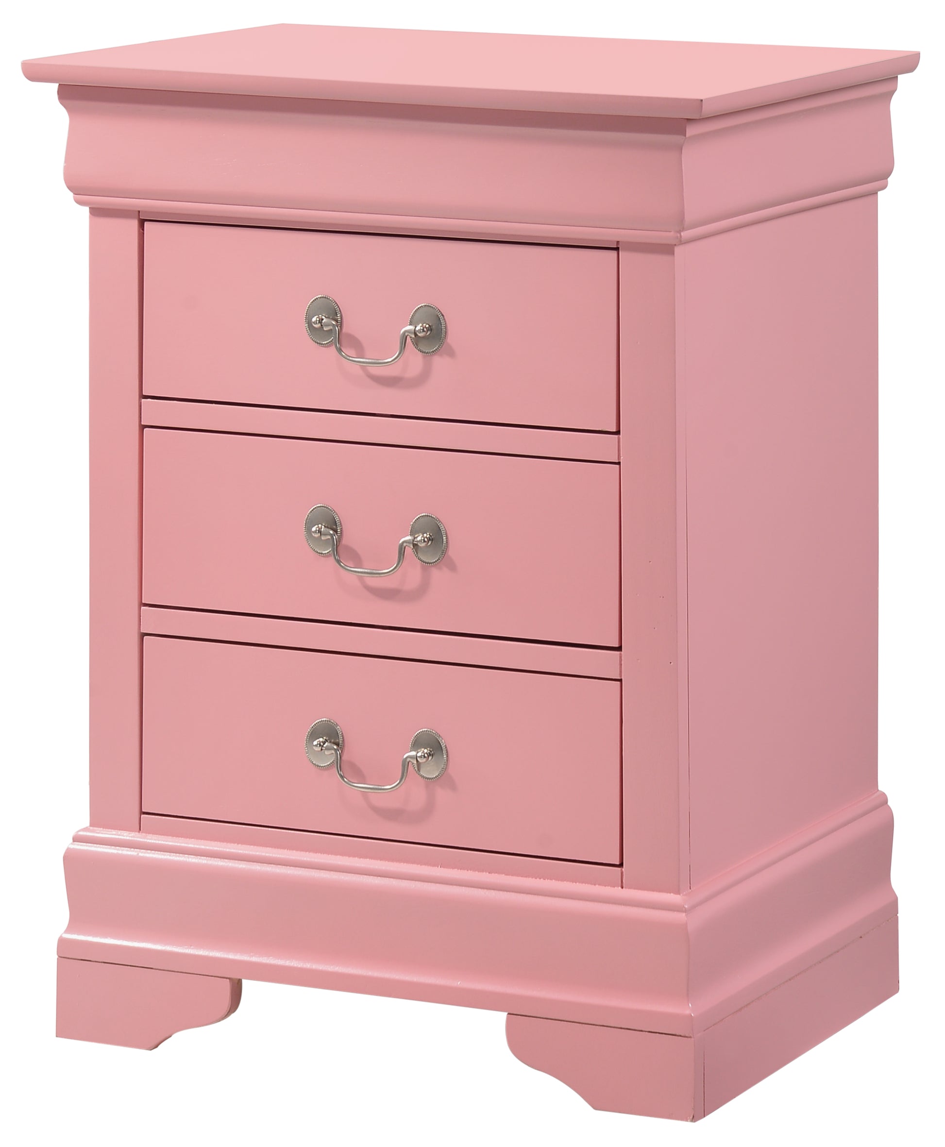 Elegant pink nightstand with three drawers and silver pull handles ideal for bedrooms