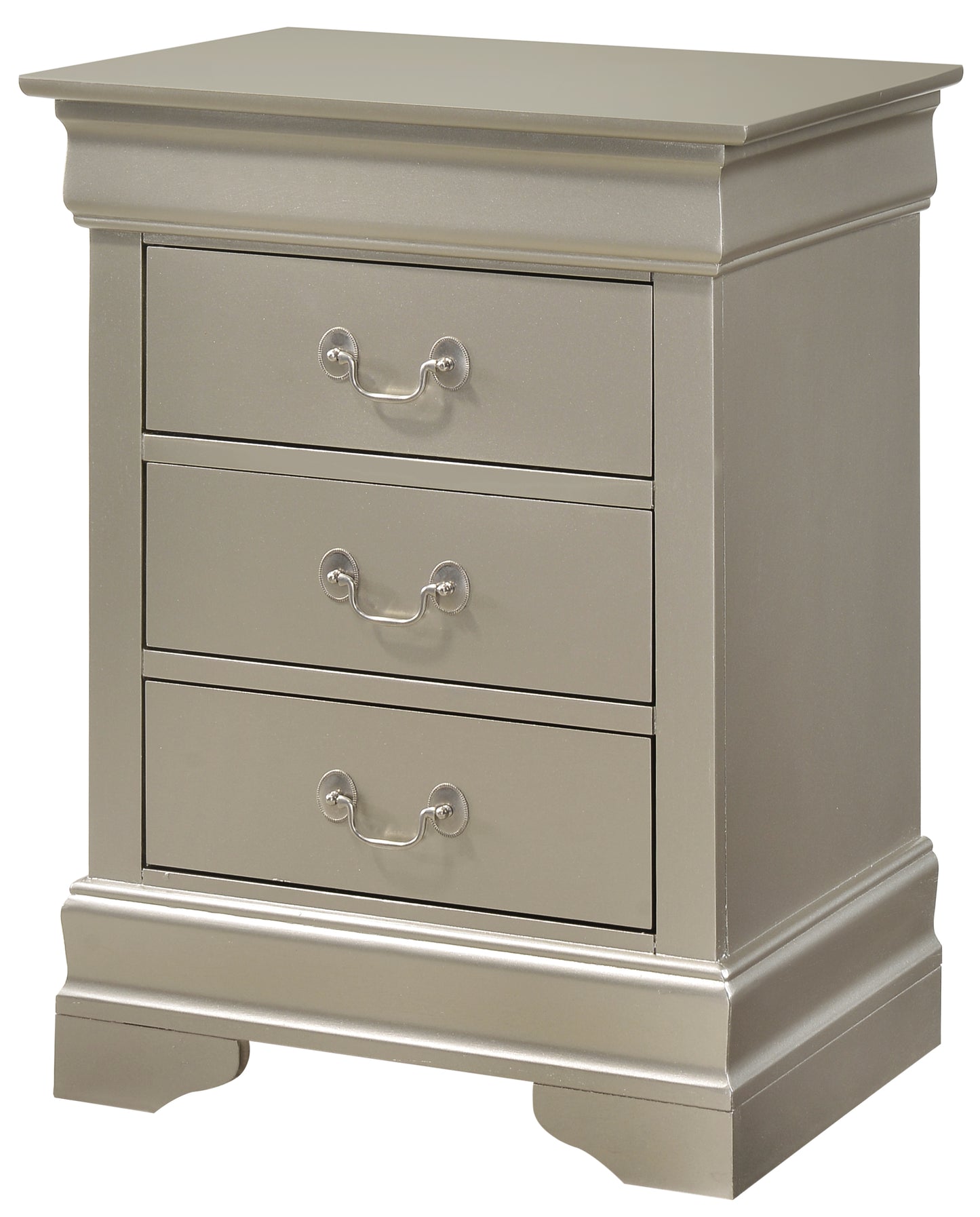 Elegant champagne threedrawer nightstand with decorative silver pull handles