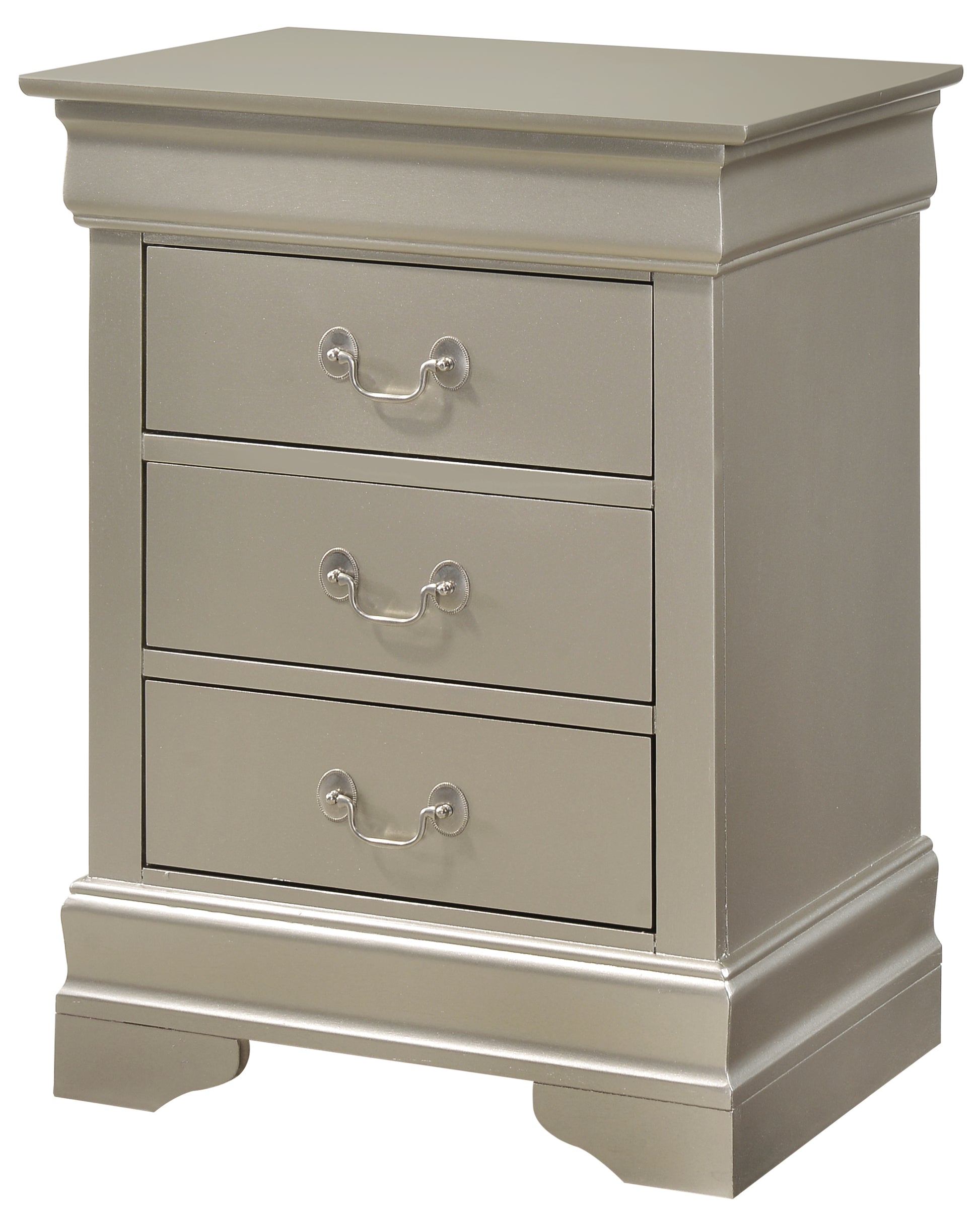 Elegant champagne threedrawer nightstand with decorative silver pull handles