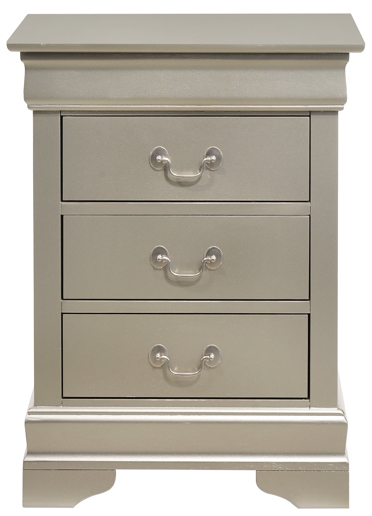 A champagnecolored nightstand with three drawers and ornate silver pulls