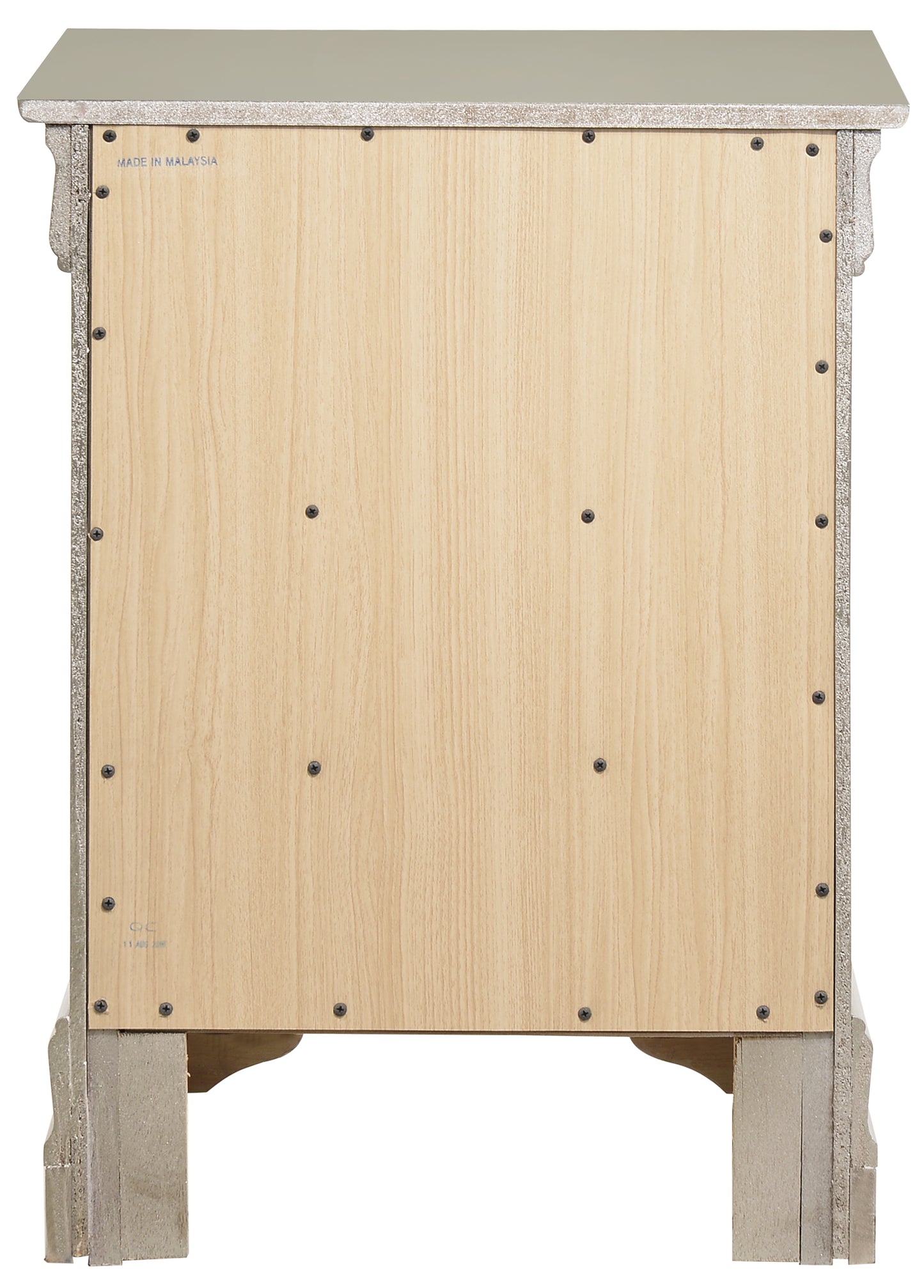 Back view of a distressed gray wood nightstand with a light wood panel and visible screws