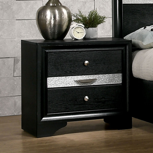 Black wood nightstand with two drawers silver accent strip and brushed nickel knobs