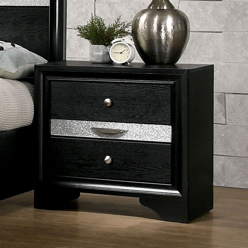 Black wooden nightstand with silver drawer accents and silver knobs