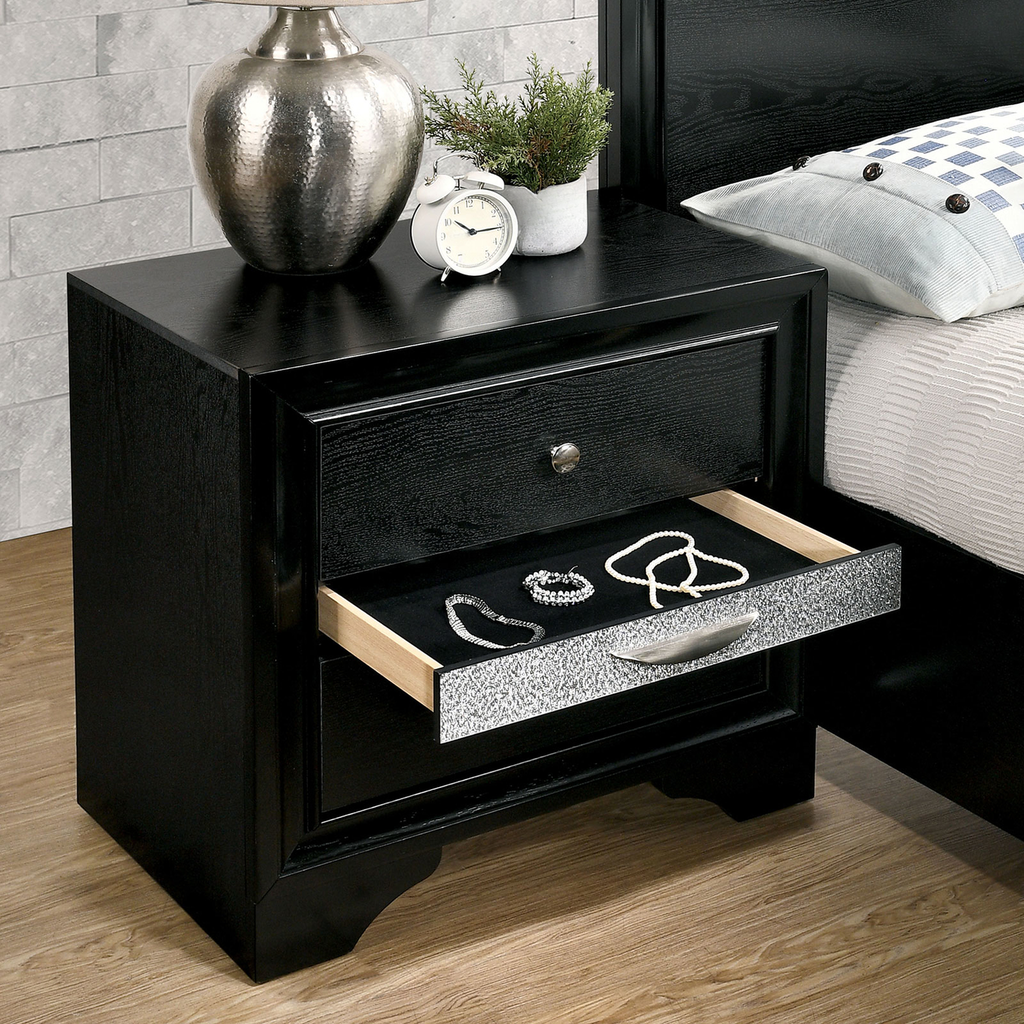 Black wood nightstand with a jewelry drawer