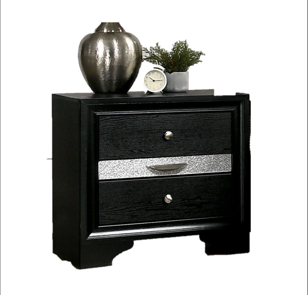 Sleek black nightstand with textured silver drawer pull and brushed nickel knobs