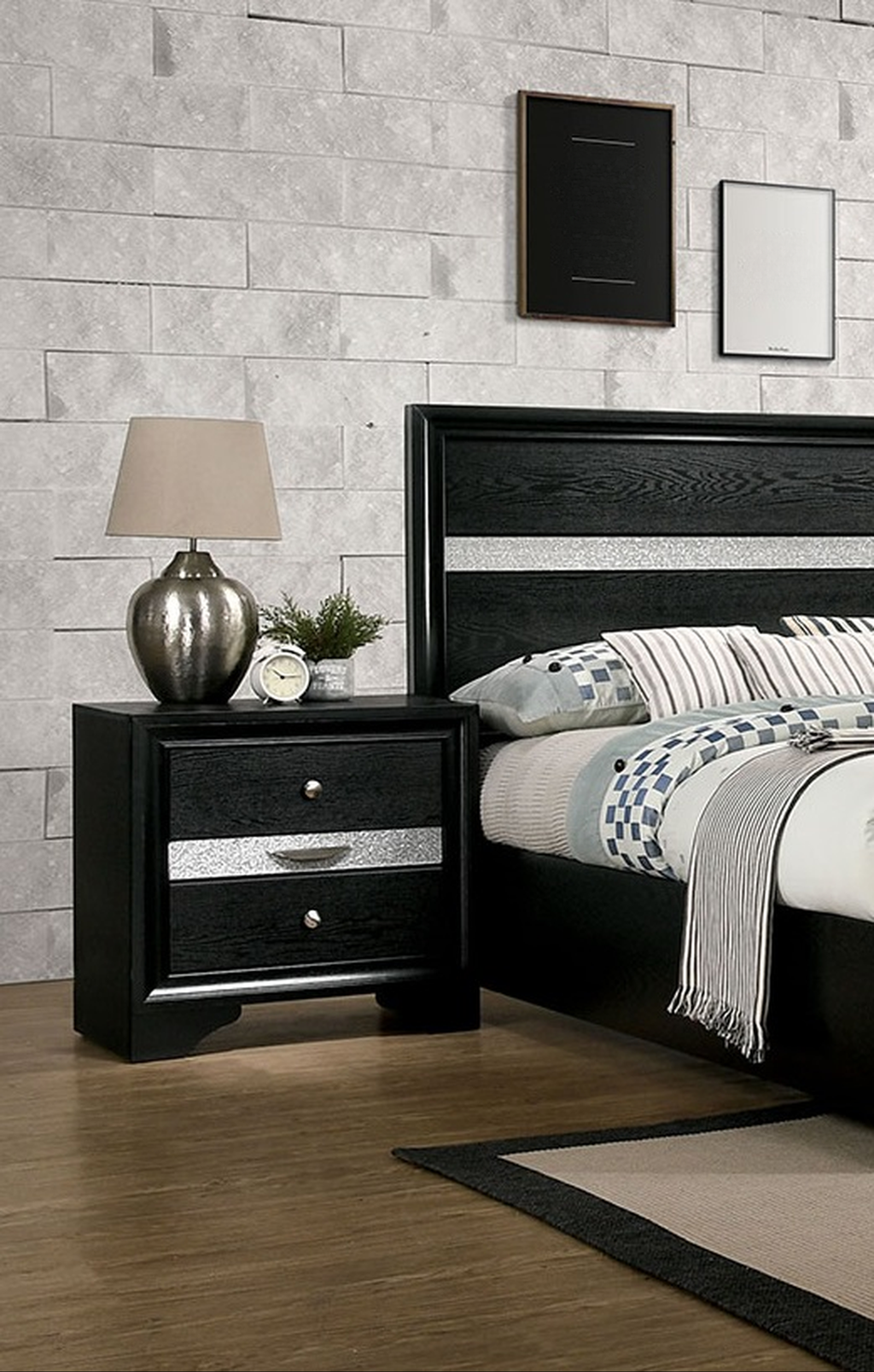 Black wood nightstand with two drawers and silver accents