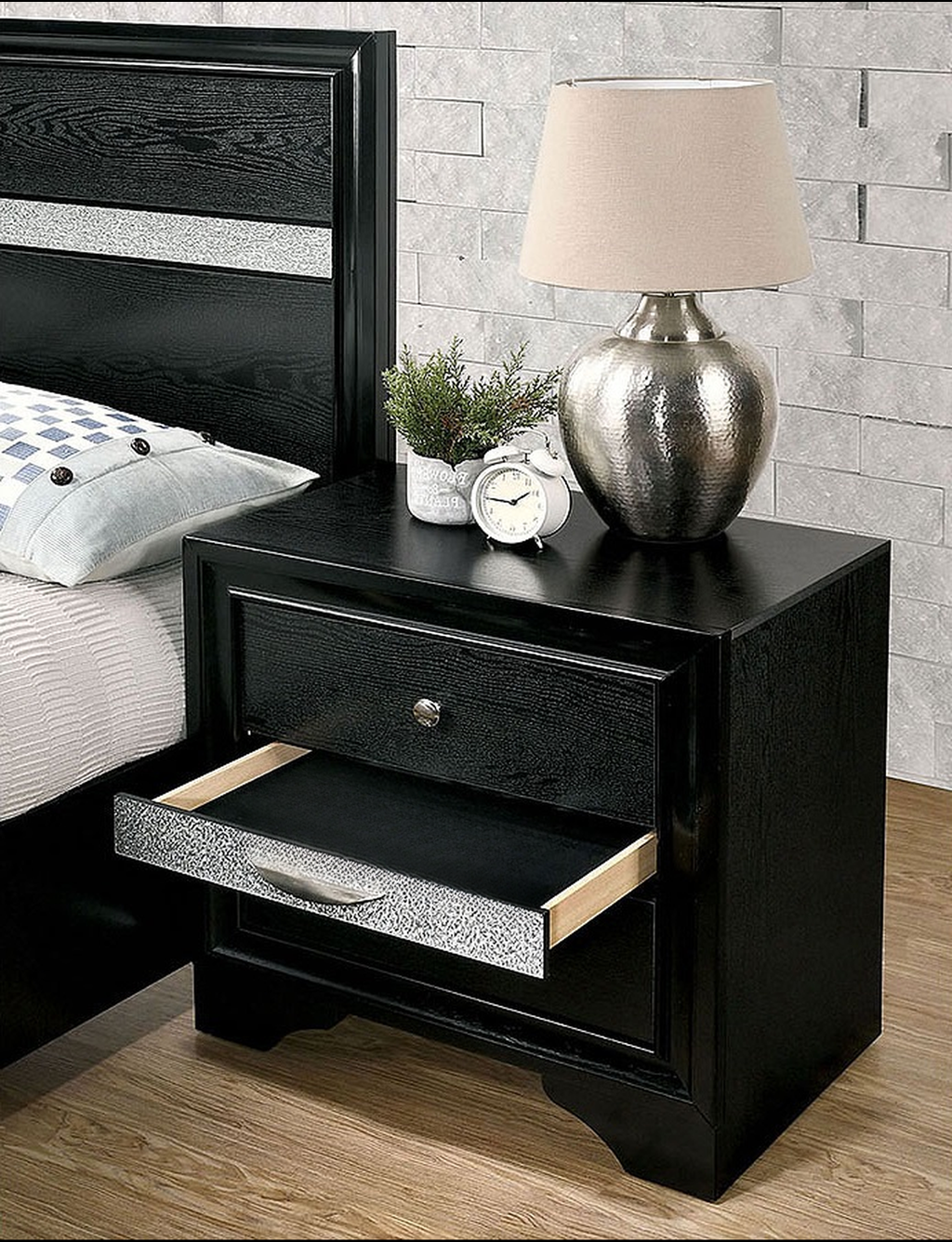 Black wood nightstand with silver inlay accents